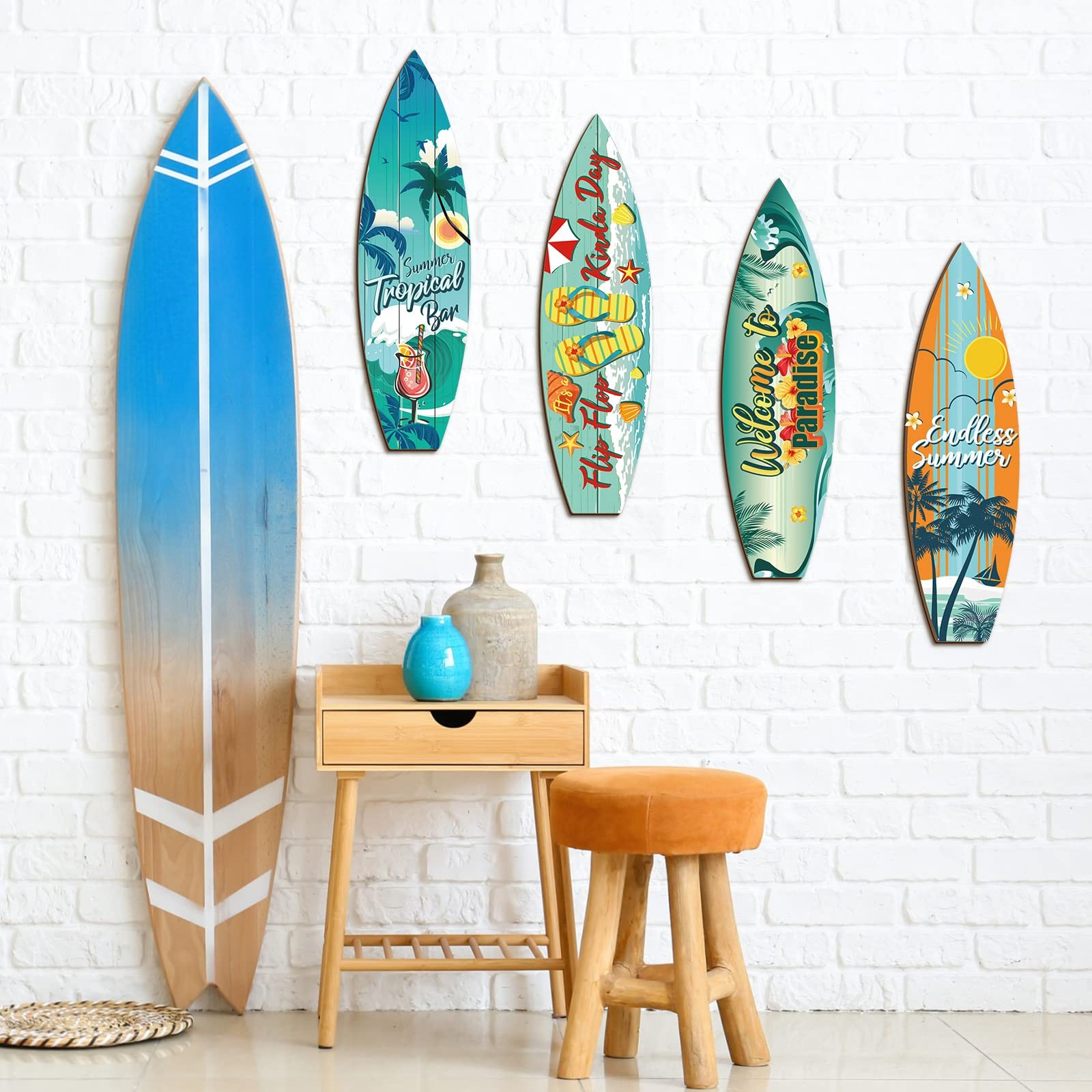 Tatuo 4 Pcs Surfboard Decor Hawaiian Wooden Beach Wall Decor Tiki Tropical Bar D
