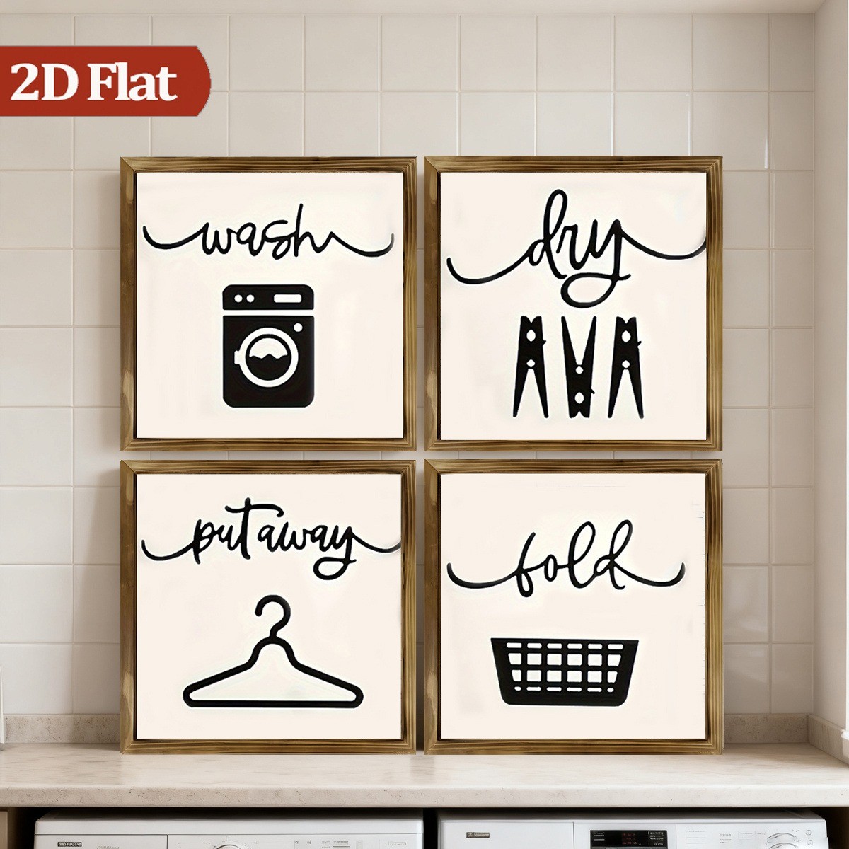 4Pcs Fold Wash Dry Wooden Sign Framed Laundry Room Farmhouse Wall Decor Gift