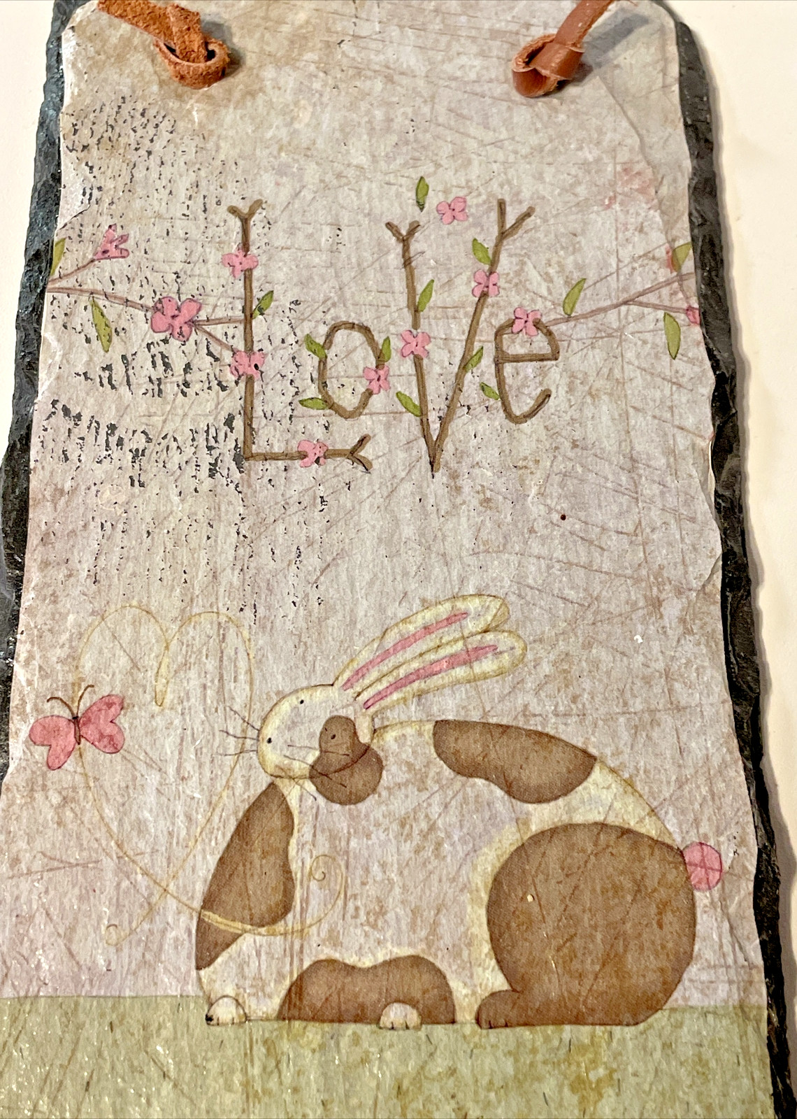 Rectangular Slate Wall Decor Bunny & Butterfly Design Distressed “Love”