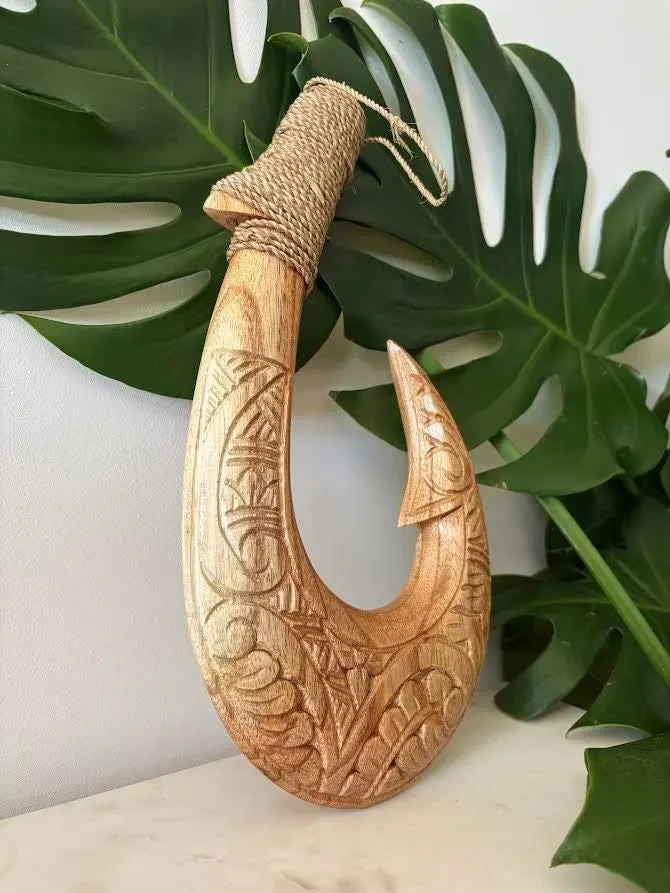 Hawaiian Hand Made Wall Decor Solid Wood Polynesian Fish Hook Tribal Design