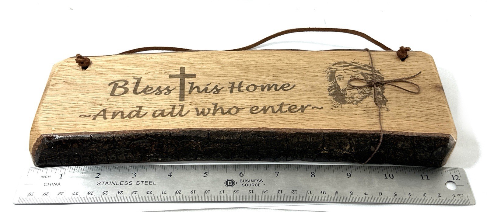 Handmade Oak Live Edge Wood Sign Bless This Home And All Who Enter Jesus Plaque