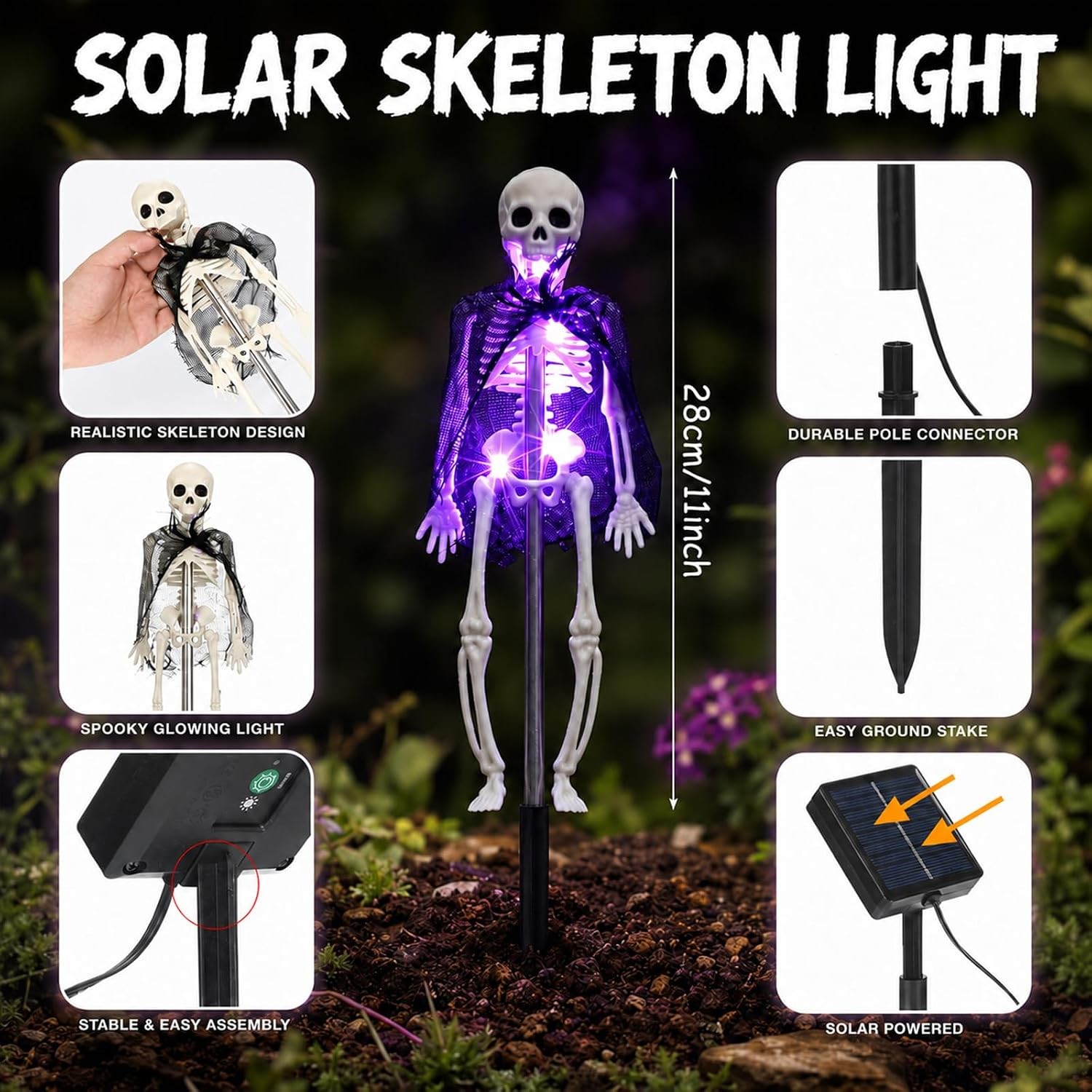 4 Pcs Halloween Solar Lights 3D Skeleton Garden Outdoor Decoration with Stakes