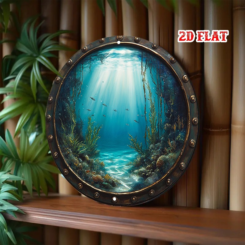 2D Flat 1 Piece Rustic Round Aluminum Tin Sign Underwater Sunlight Fish Vintage♪