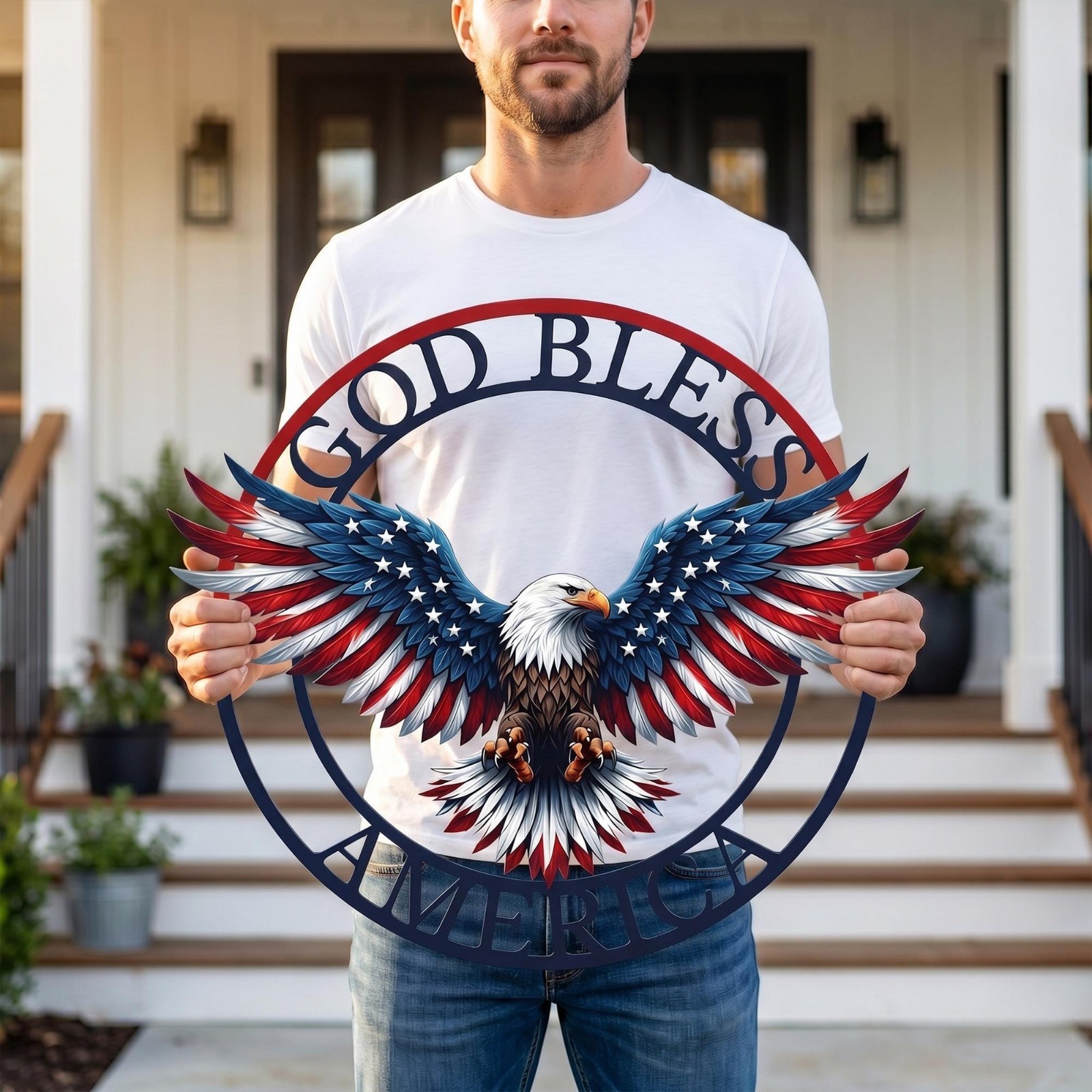 God Bless America Eagle Metal Sign, Patriotic USA Wall Decor, Christian Gift