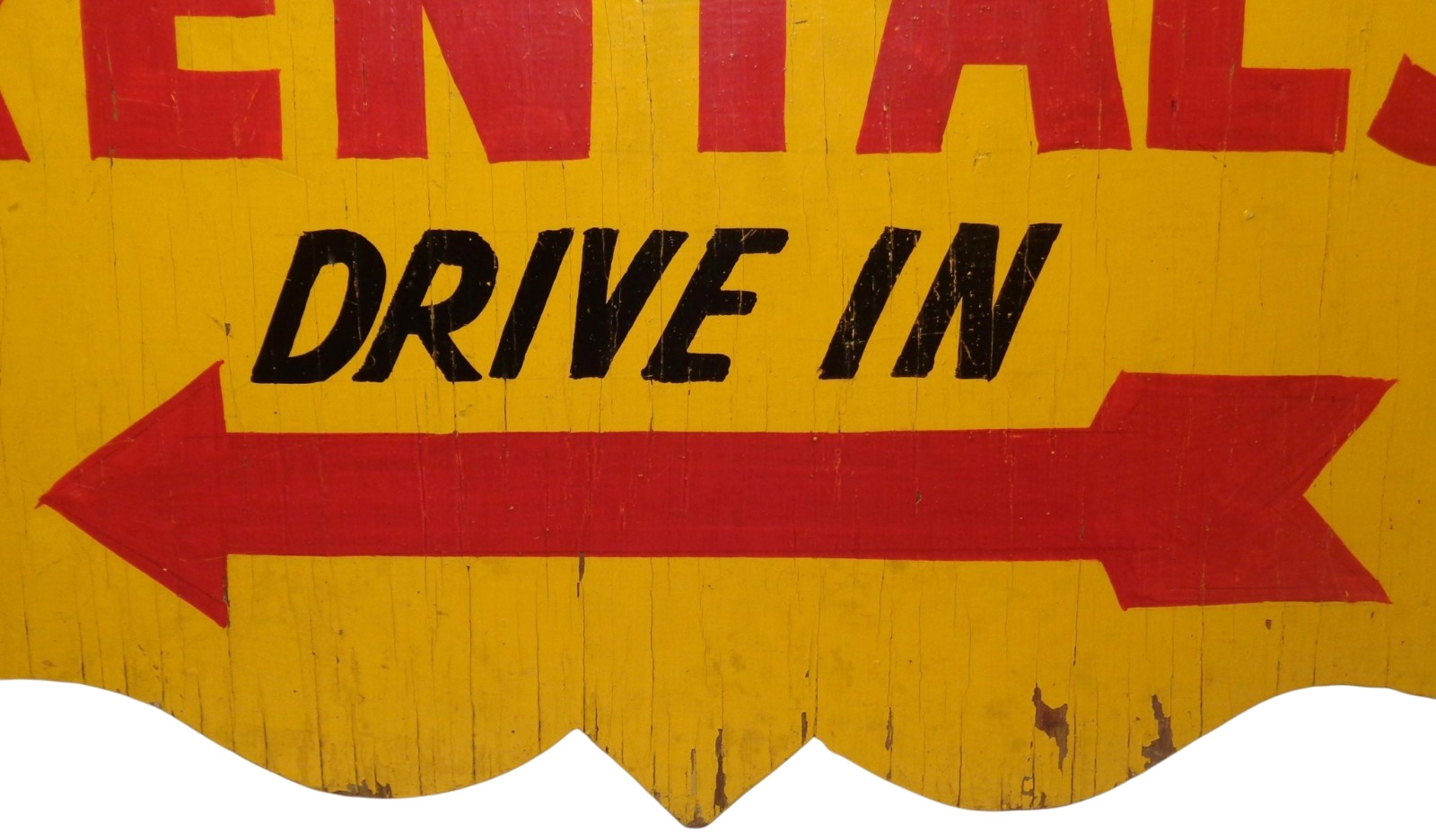 WINTER RENTALS DRIVE IN EARLY-MID 20TH C VINT HAND PAINTED JIG-CUT EDGE WDN SIGN
