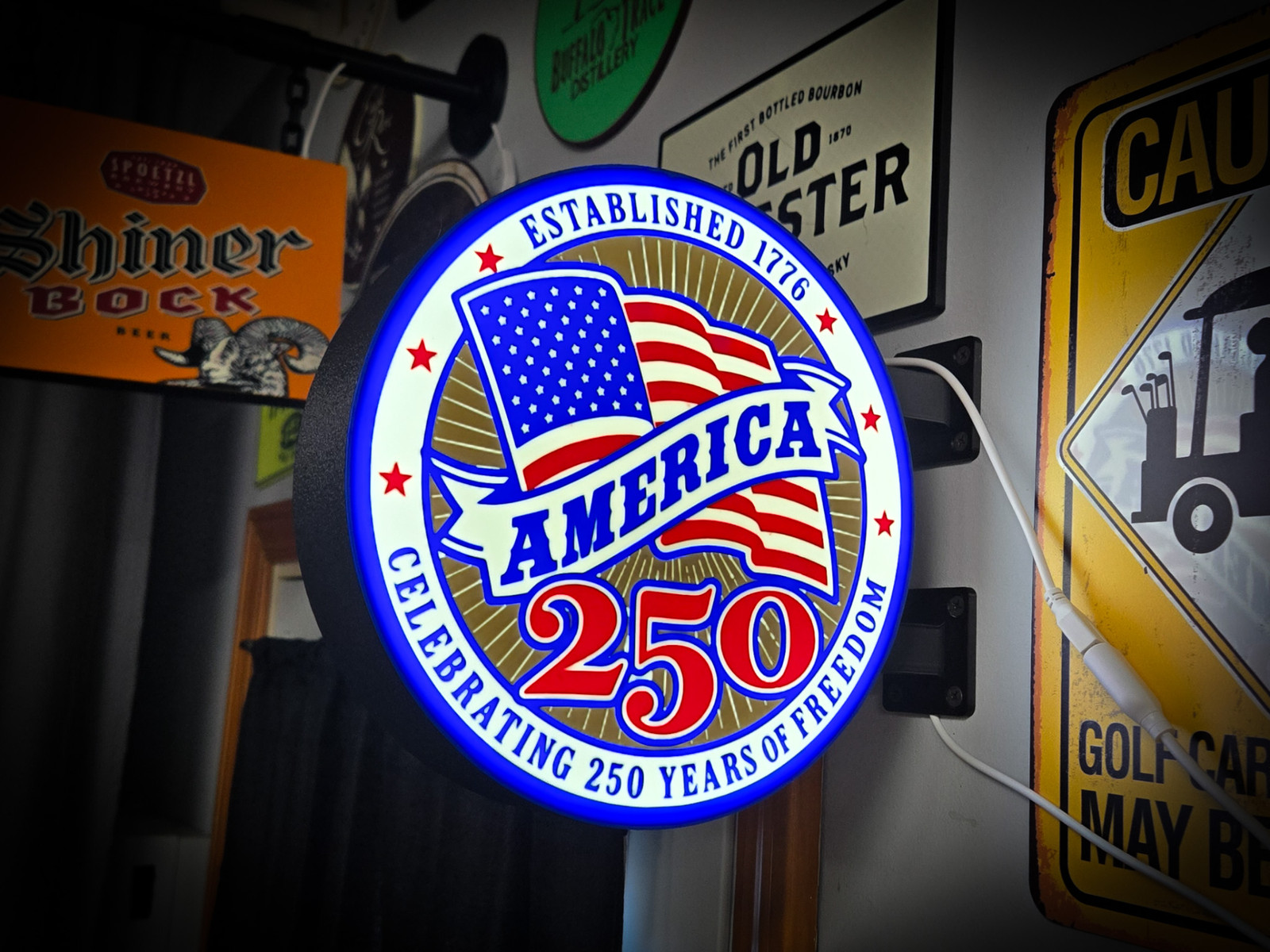 America 250 Anniversary LED Lightbox Sign 3D Printed Round Wall Mount Man Cave
