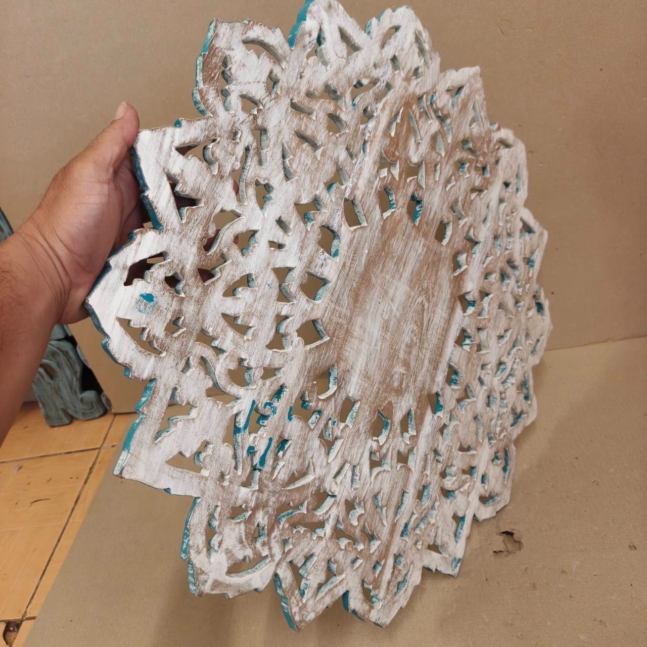 24″ Round Teak Wood Wall Art Hand Carved Floral Mandala Turquoise White RS003