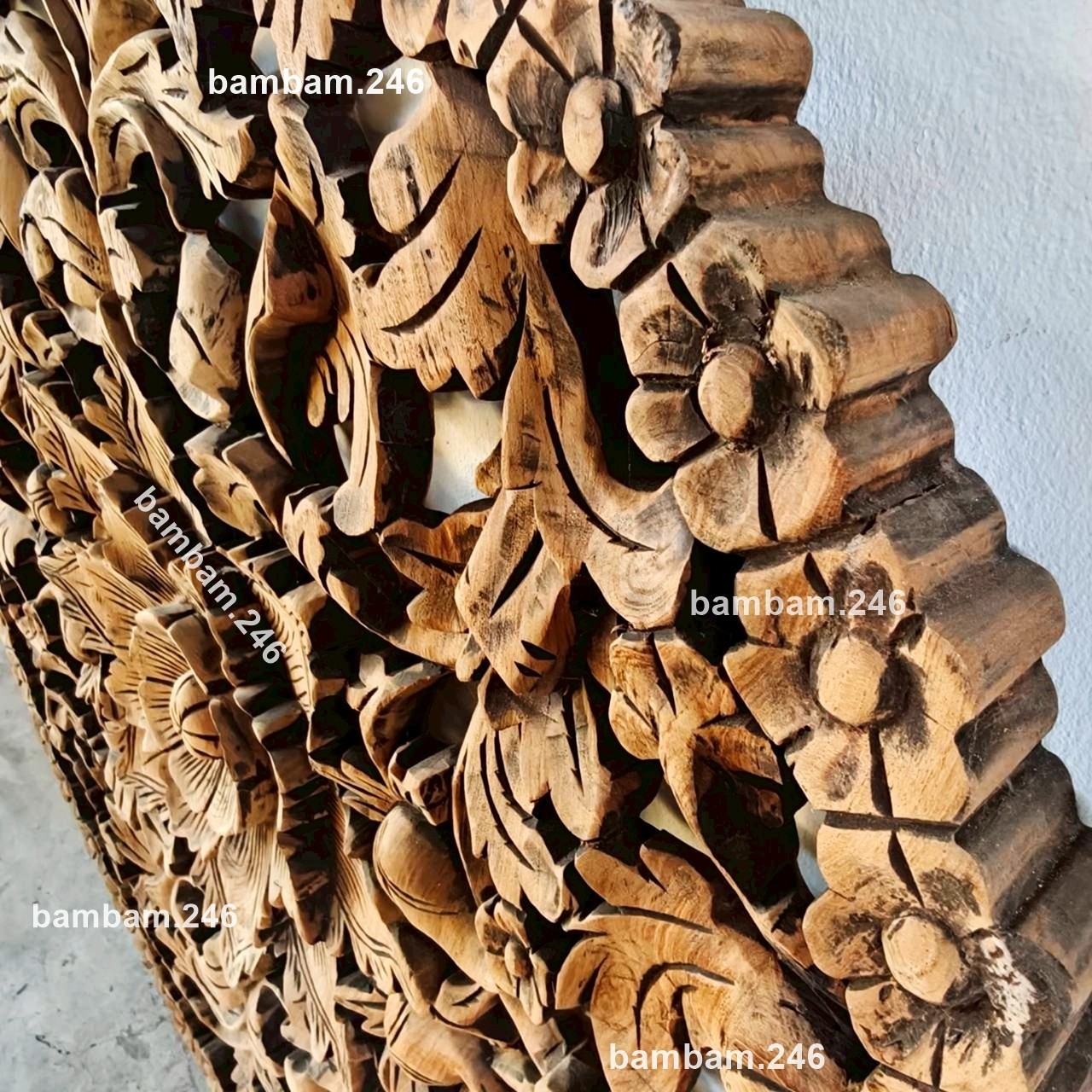 Large Round Teak Wood Wall Art 35 in Floral Flower Design Thai Carving for Livin