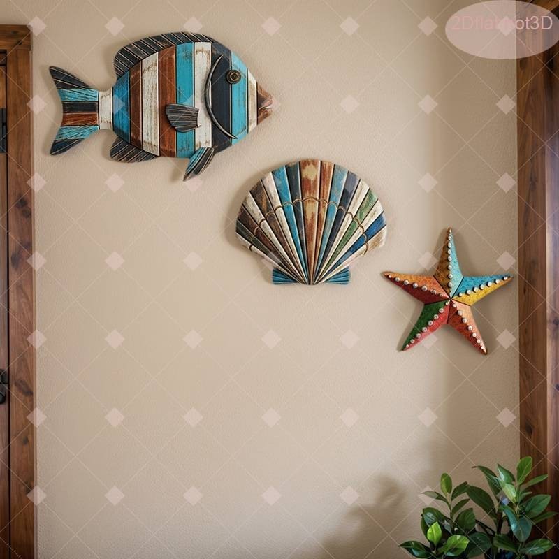 3 Piece Wooden Wall Decor Set American Coastal Style Sea Fish Shells ＆ Starfish