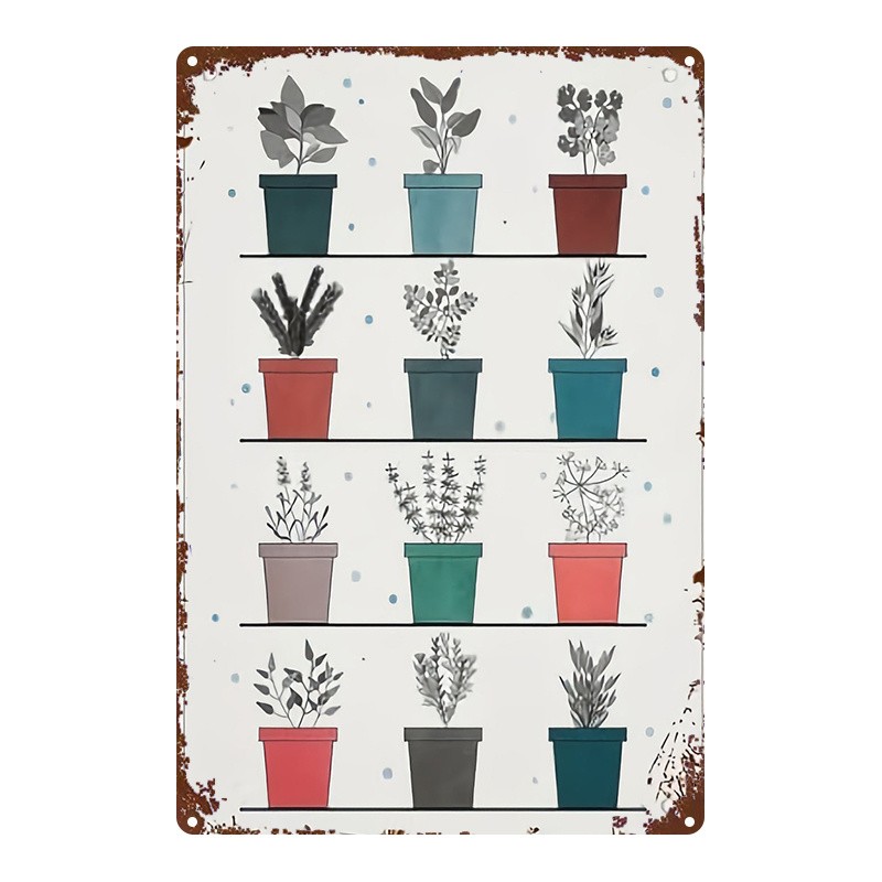 Vintage White Metal Sign multi-color potted plant illustration home wall decor