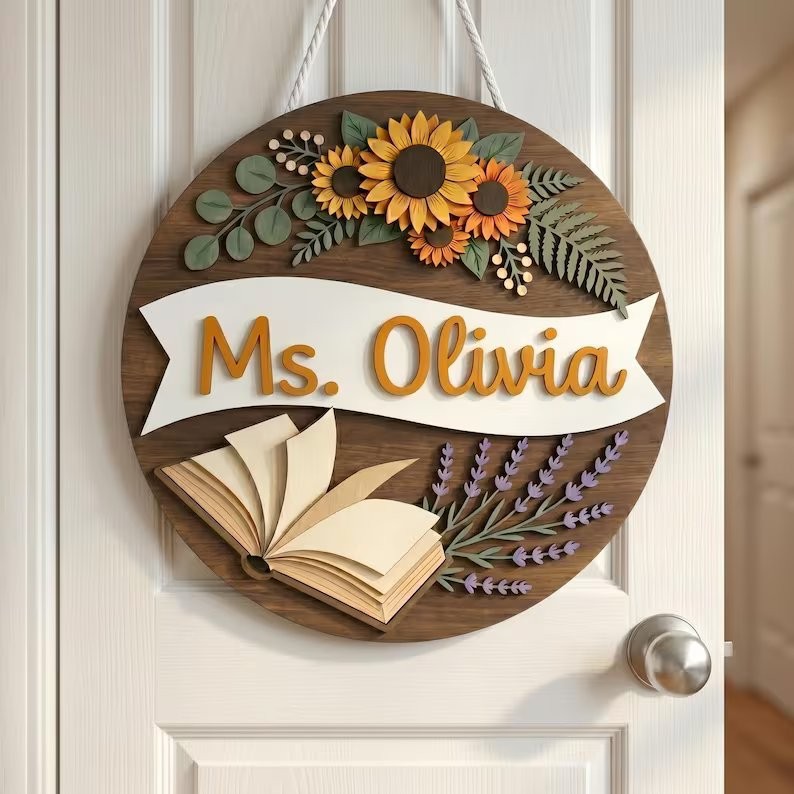 Personalized Teacher Classroom Name Sign, Wood Floral Door Decor