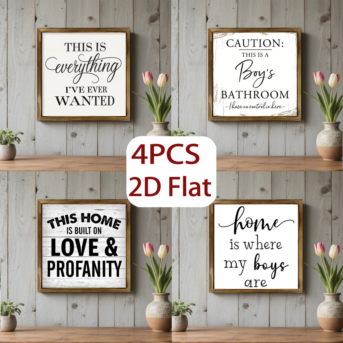 4Pcs Funny Boys Bathroom Wooden Sign Framed Rustic Farmhouse Home Decor Gift