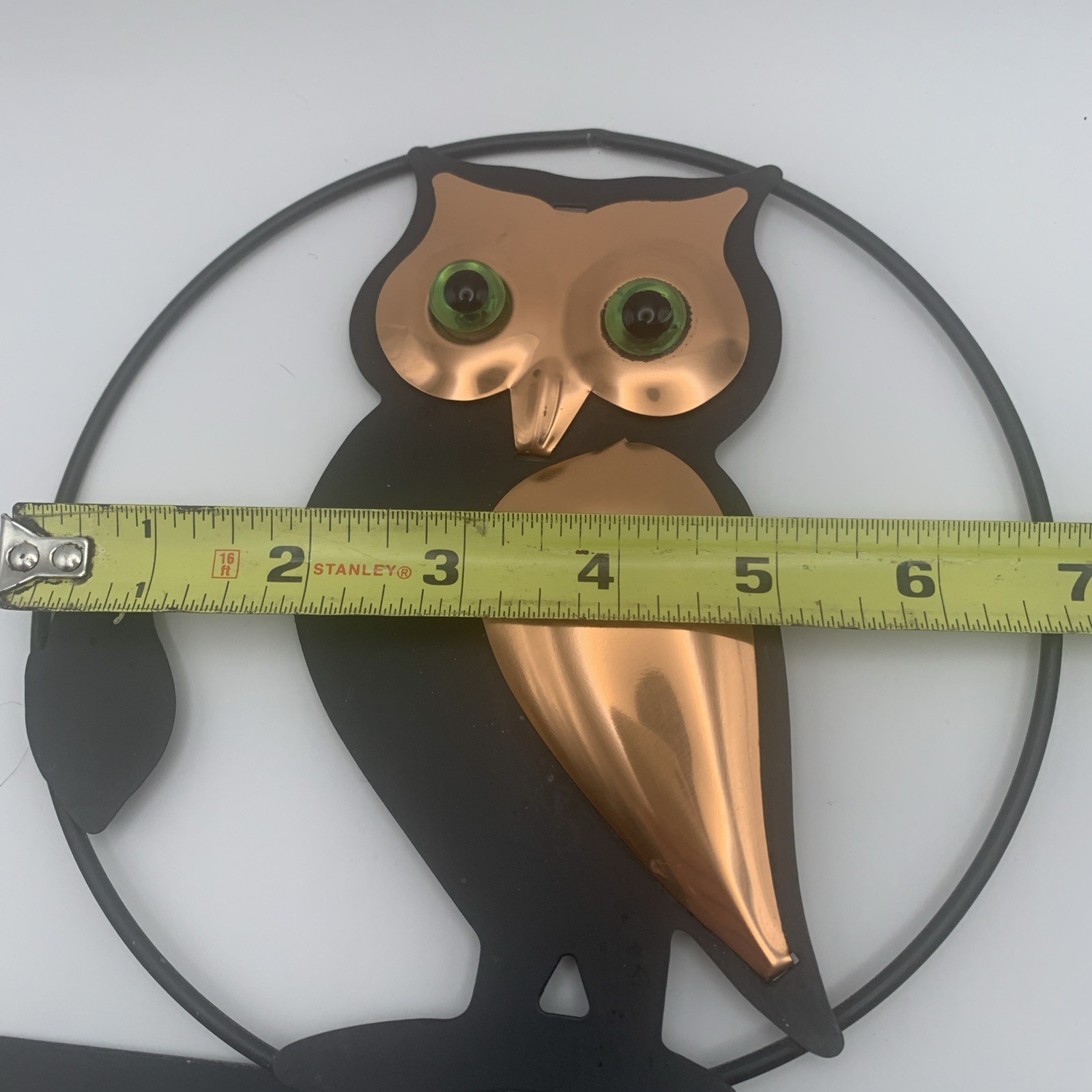 Vintage Coppercraft Guild OWL Plaque Copper & Black Metal Green Eyes S Hooks