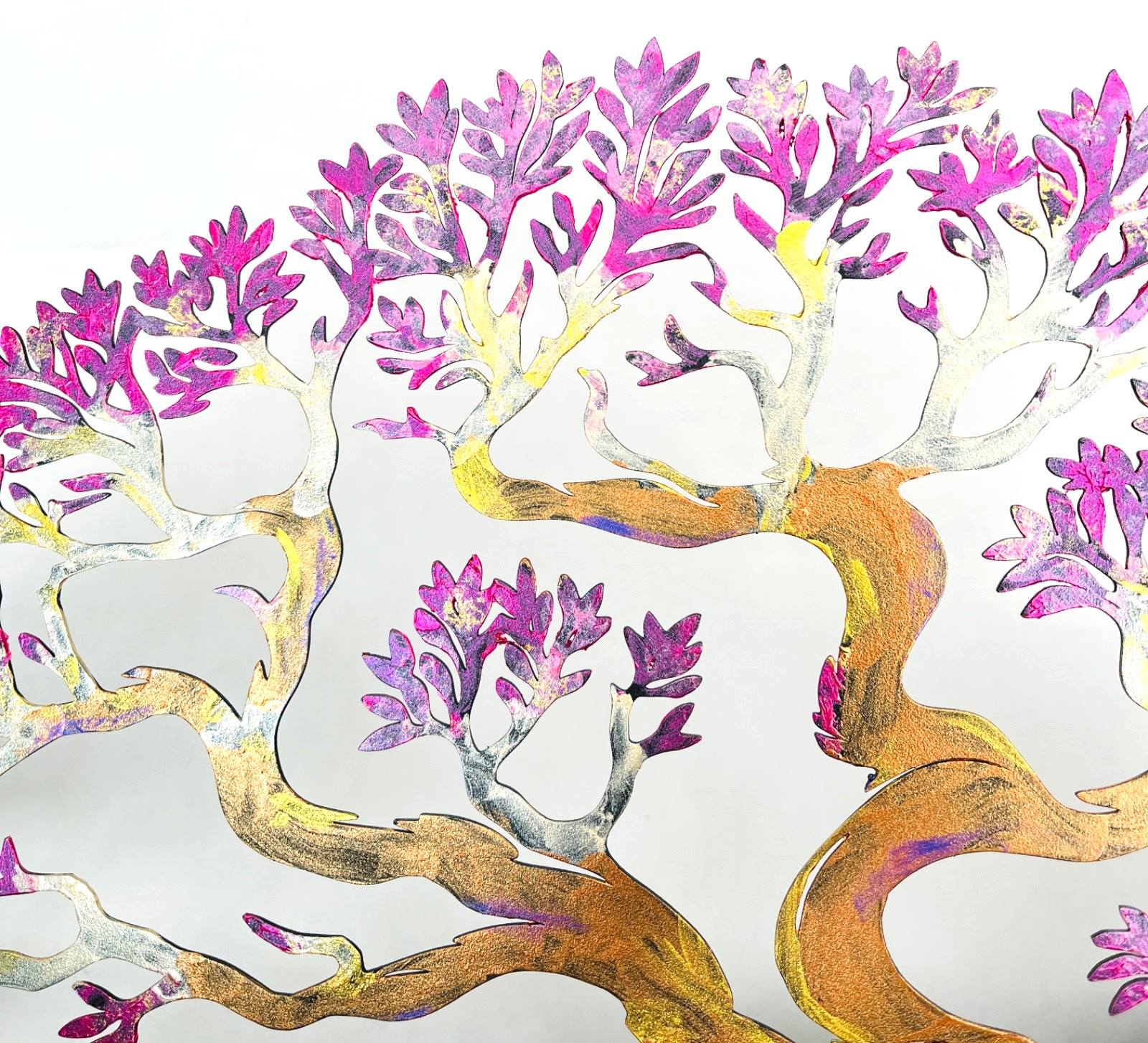 Tree of Life Metal Wall Art Hand Painted Metallic Paints Tree + 1 Blue Bird