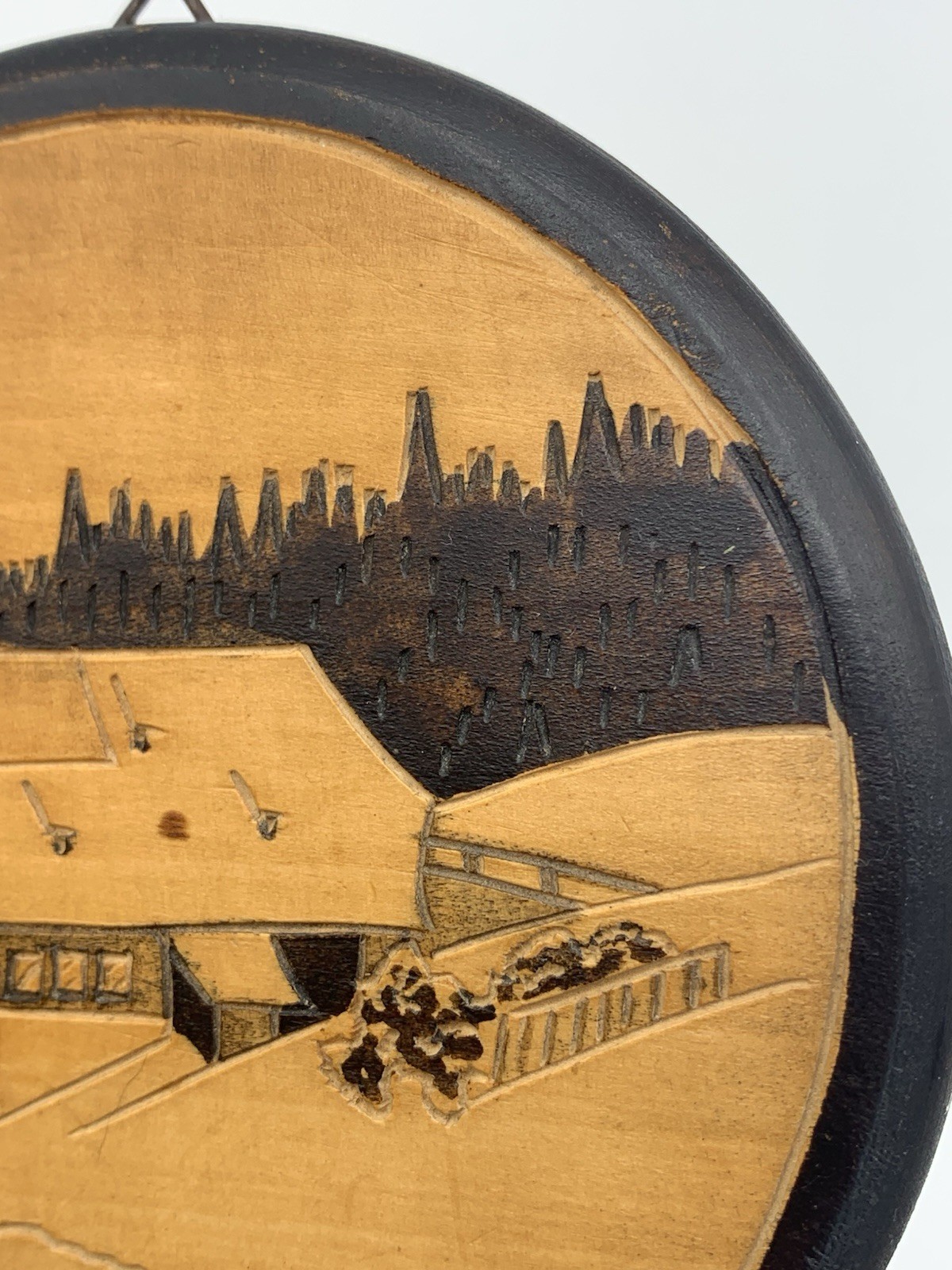 Vintage Inlay Wall Art Handmade Wood Round Country Hillside Scenery
