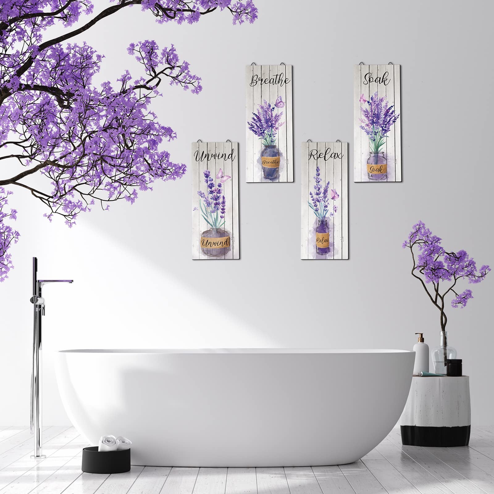 4 Pcs Lavender Bathroom Decor Purple Wall Art 10 x 4 in Purple Bathroom Boho …
