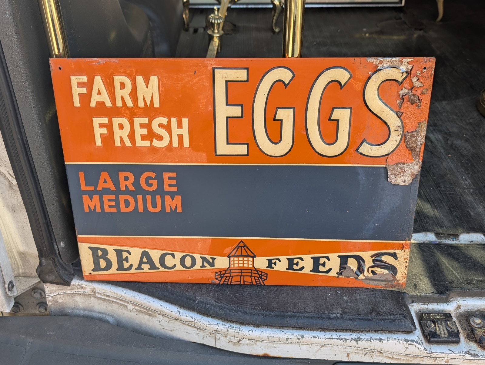 Vintage Farm Fresh Eggs Sign Beacon Feeds Metal Large Medium Size Rustic Wall