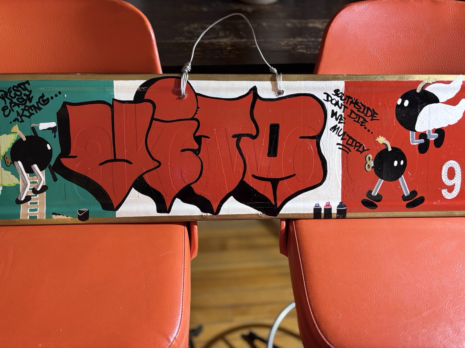 Original Urban Street Art on Metal Street Sign – Upcycled Wall Art Double Sided