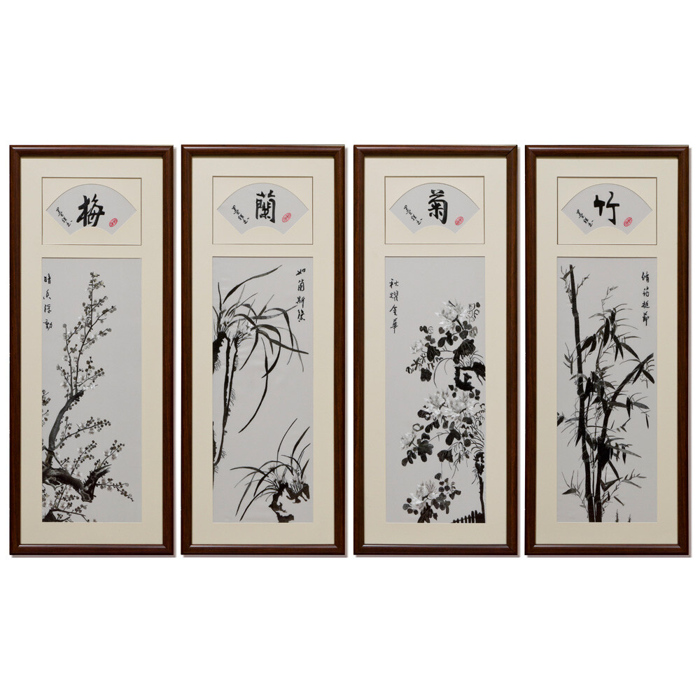 US Seller – Chinese Silk Embroidery of Monochrome Four Season Flowers