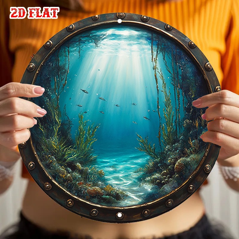 2D Flat 1 Piece Rustic Round Aluminum Tin Sign Underwater Sunlight Fish Vintage♪
