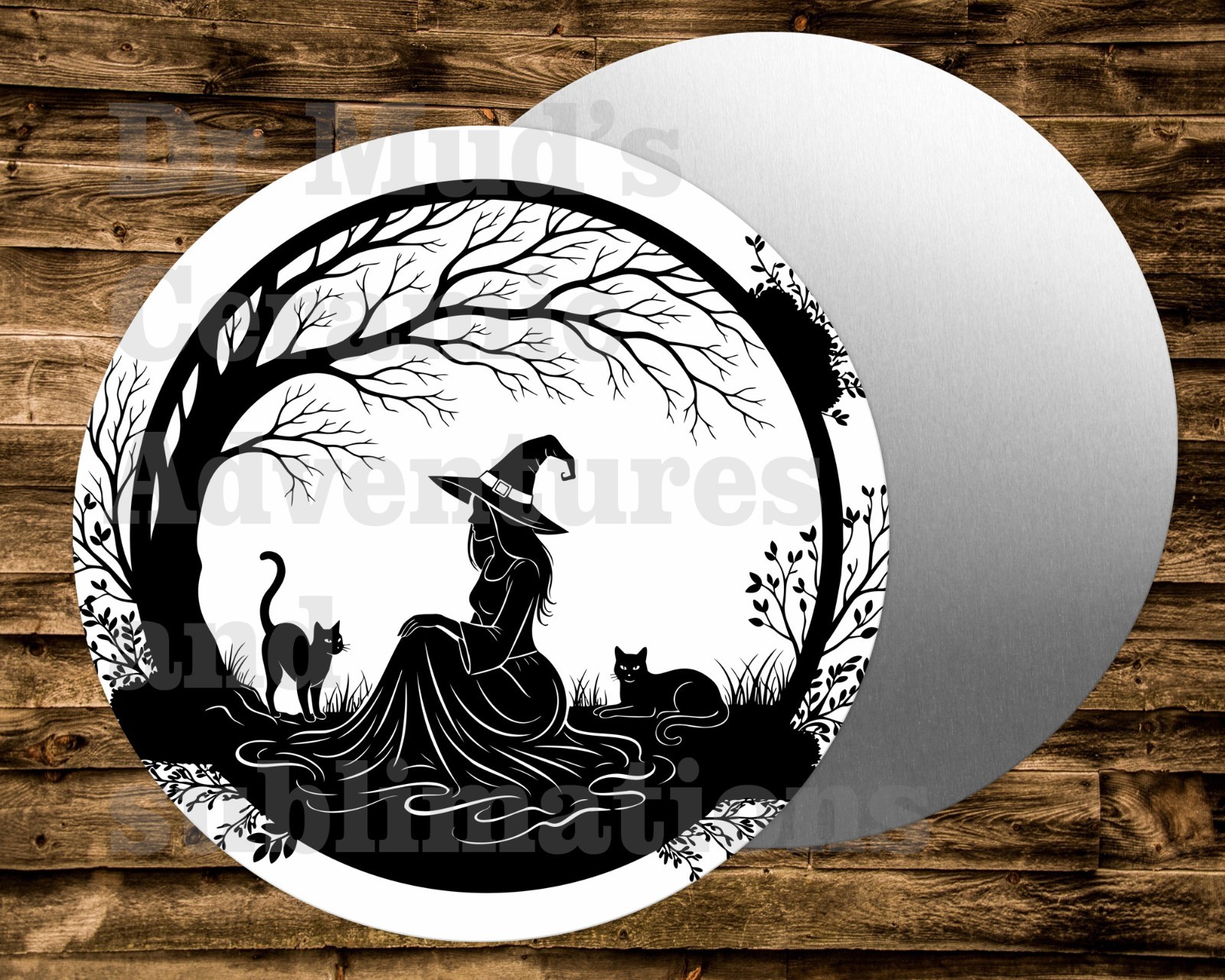 WITCH CAT Metal Round Sign for Wreath, Crafts, doll houses, model railroads