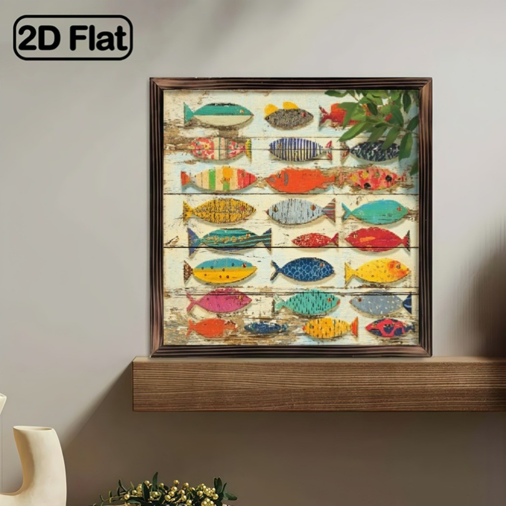 Vintage Folk Hand Painted Fish Coastal Rustic Wooden Sign Bathroom Art Decor