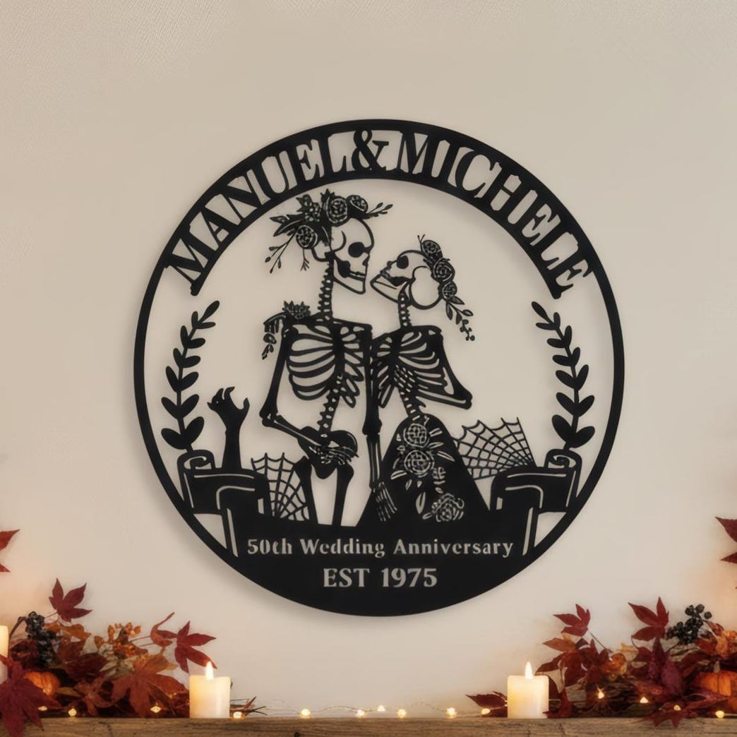 Personalized 50th Anniversary Metal Sign, Skeleton Couple Wall Art Gift
