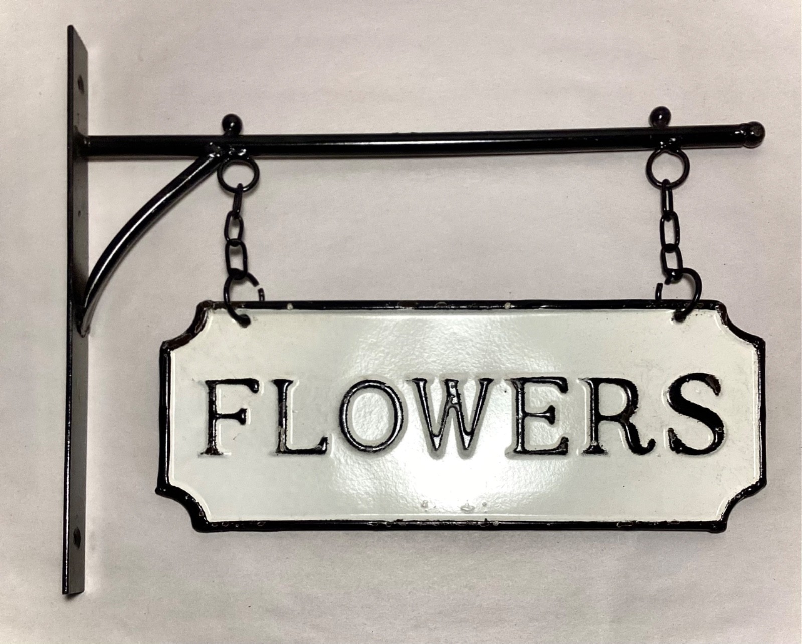 Black White Farmhouse Double Side Enamel Metal FLOWERS Sign Wall Hanging Bracket