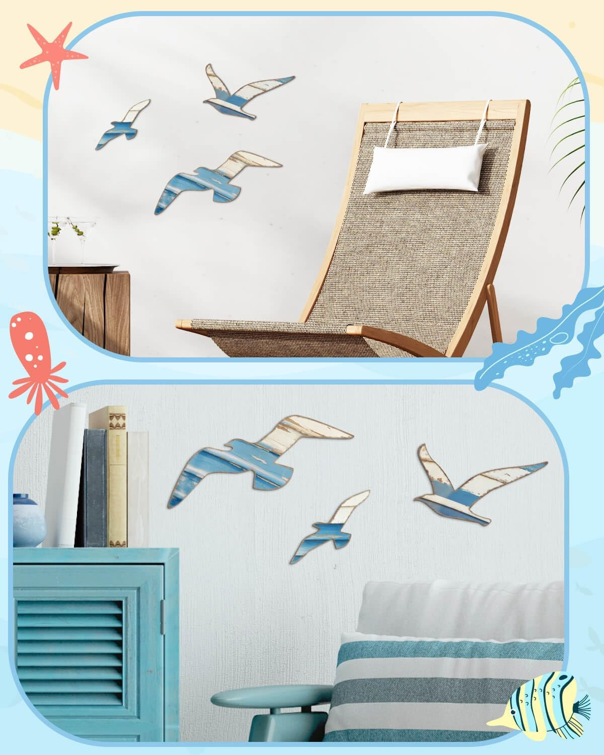 3Pcs Wood Nautical Decor Seagull Wall Decor Nautical Coastal Theme Wall Art Adhe