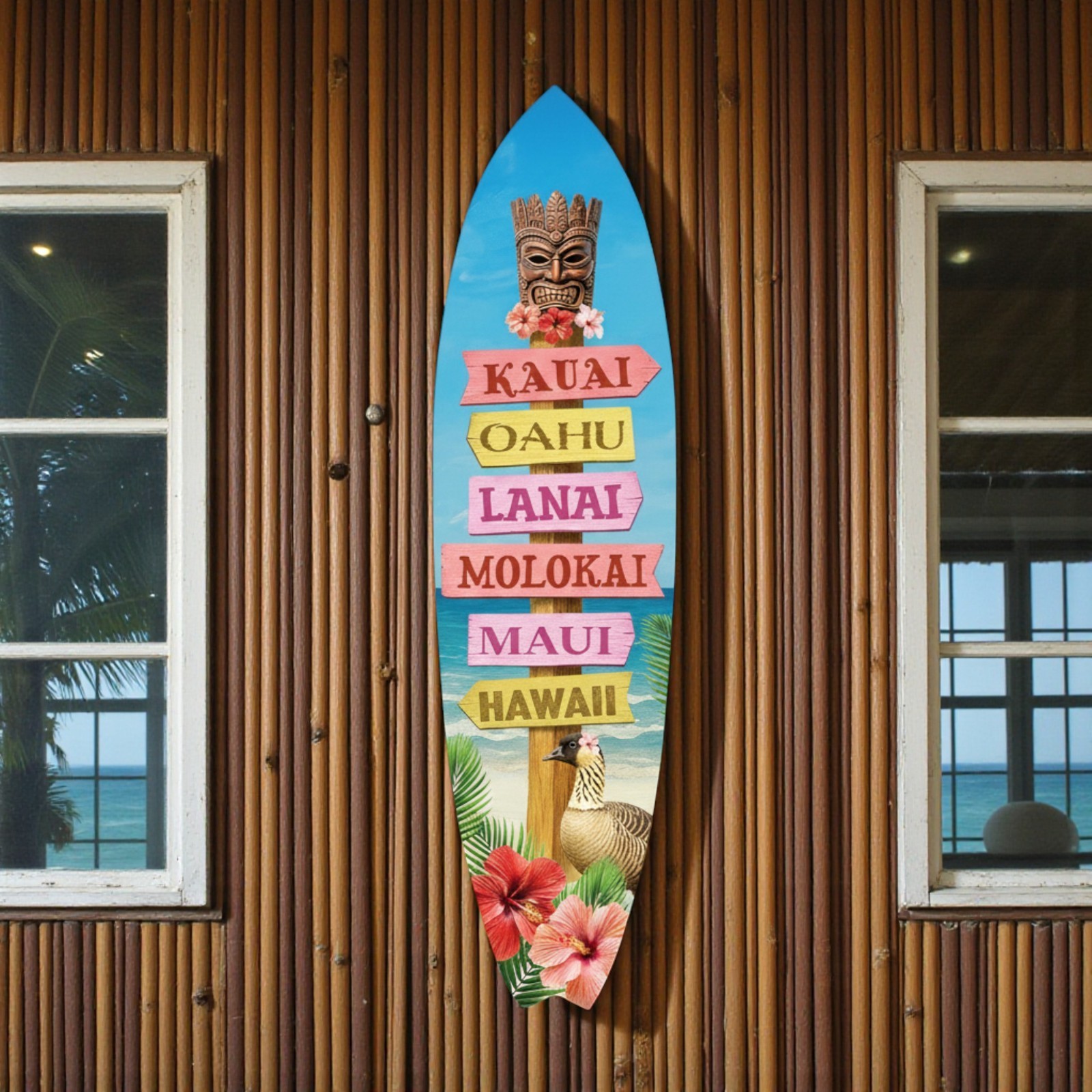 Hawaii Surfboard Sign, PVC Island Wall Art, Tropical Beach House Decoration, 4ft