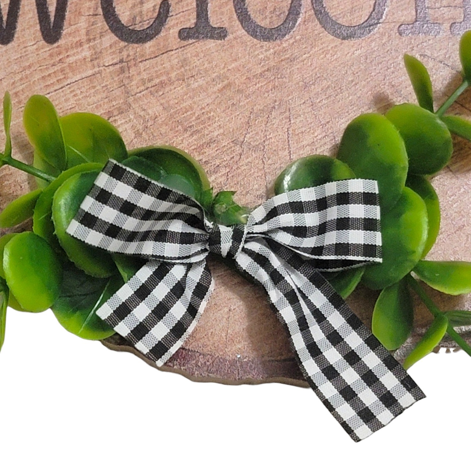 Rustic Farmhouse Welcome Sign Faux Wood Slice Gingham Bow Greenery Country Decor