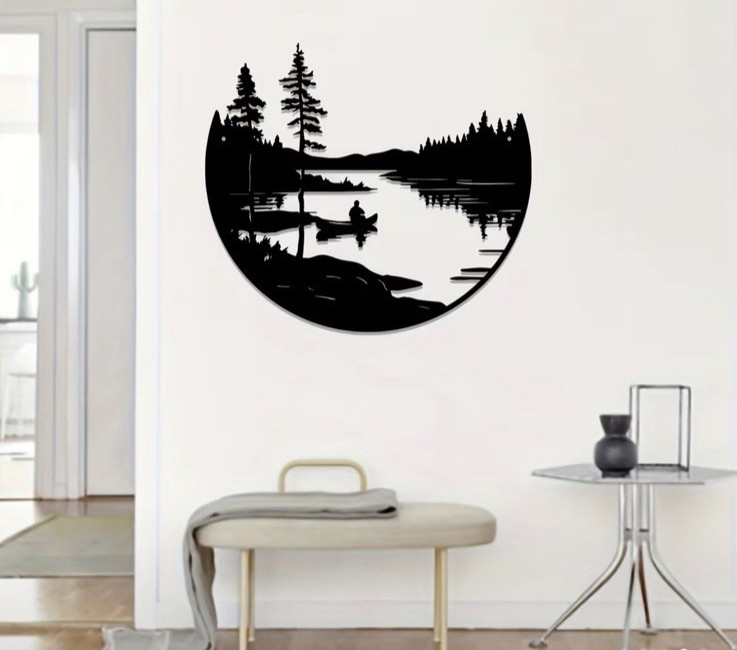 Fisherman Wall Decor Black Metal Man Fishing In Boat, Lake Wall Art Medium