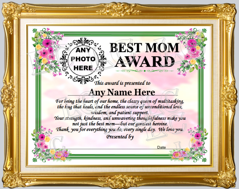 CUSTOM PERSONALIZED PHOTO NAME BEST MOM BEST AWARD CERTIFICATE MOTHER’S DAY GIFT