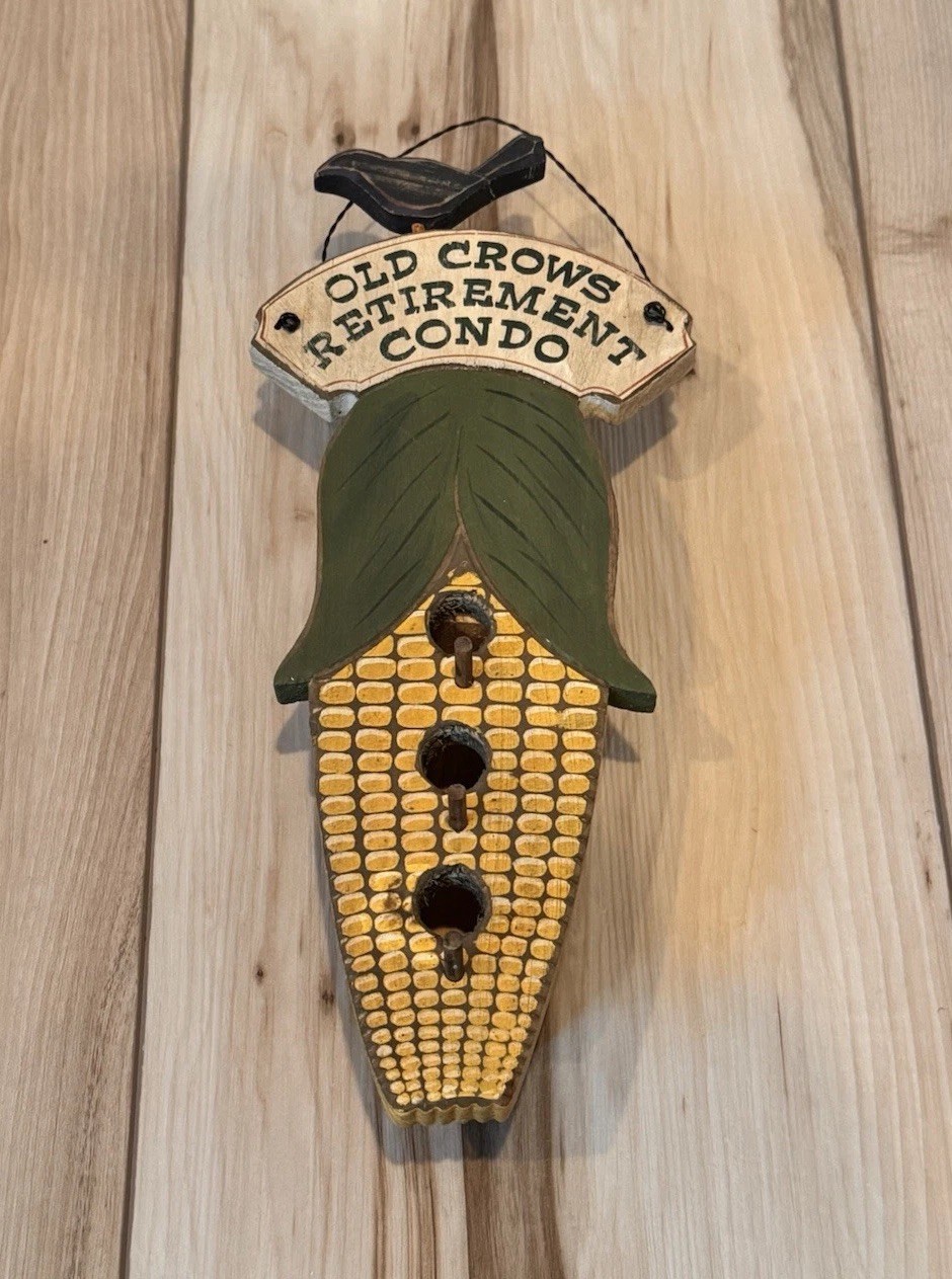 Wooden “Old Crows Retirement Condo” Bird House Hanging Decor Black Crow Corn Cob