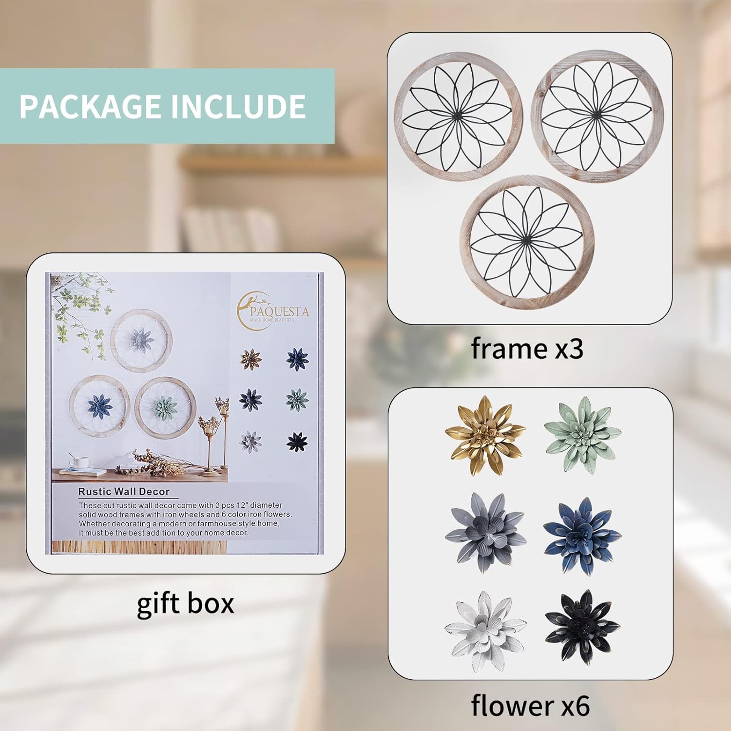 Farmhouse Wood Metal Wall Art Interchangeable Floral Decor For Living Room
