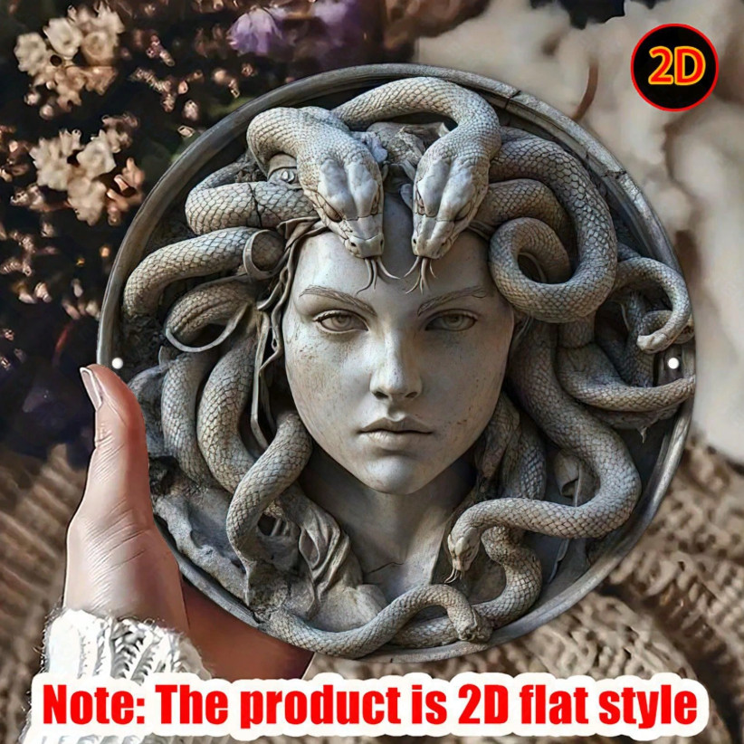 2D Flat Retro Medusa Head Sculpture Wall Art 8 in Round Aluminum Metal Sign, Exq