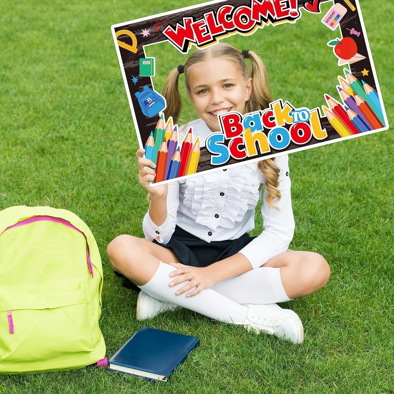 7 Pieces Welcome Back to School Yard Signs with Large Blackboard Photo Frame 202