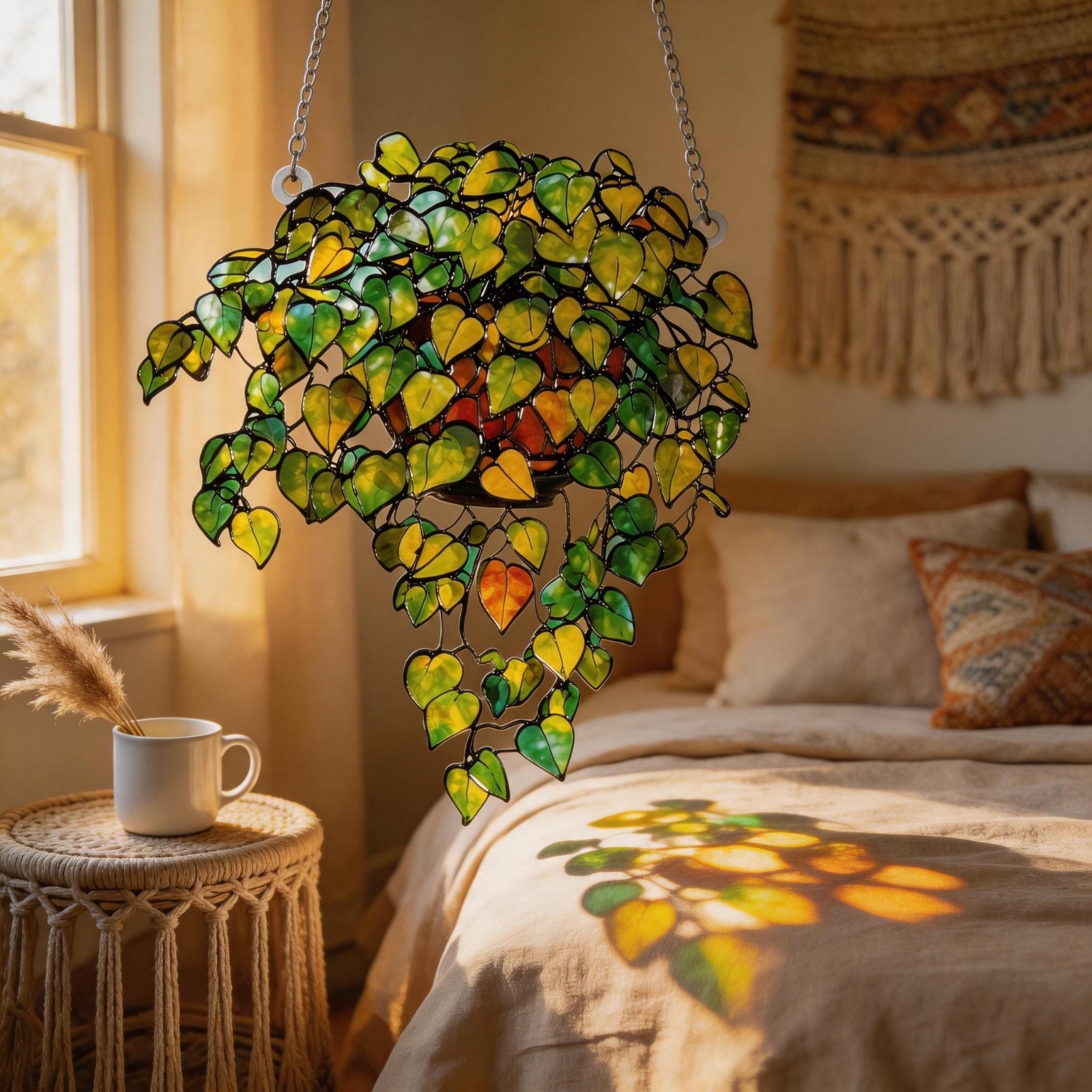 Hanging Plant Suncatcher, Green Leaf Window Decor, Ivy Plant