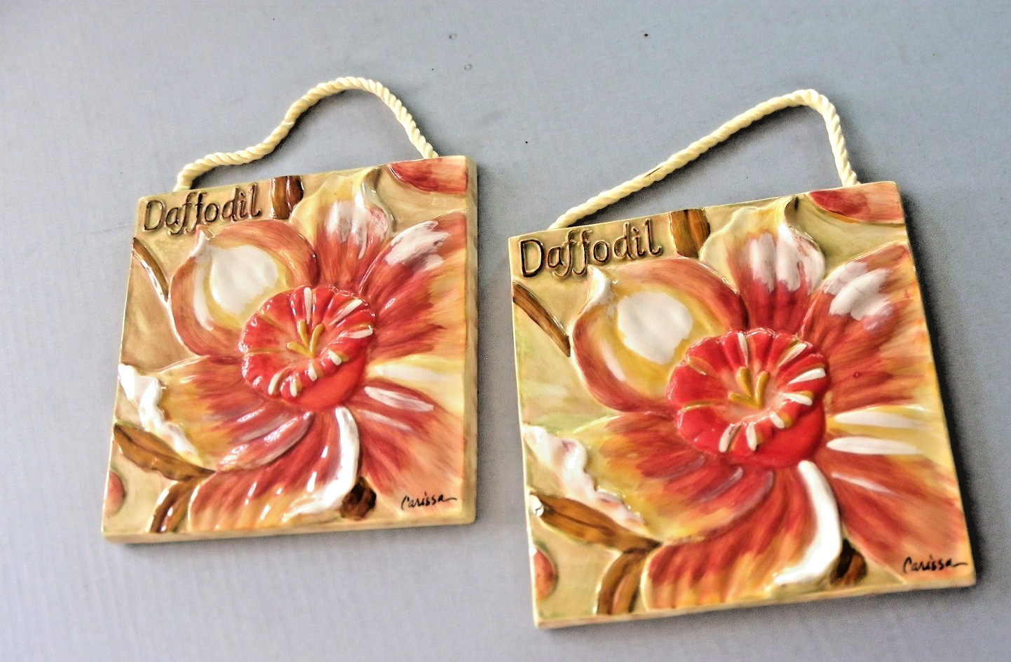 2 Floral Tile Art Pink /White 3D Wall Plaques 8”x8” Textured Glossy Flower Image