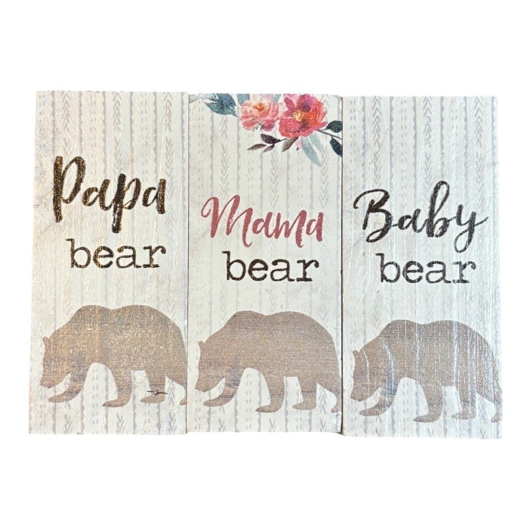 Bear Family Wooden Block Signs 3pc White Rustic Farmhouse Decor Cabin Core