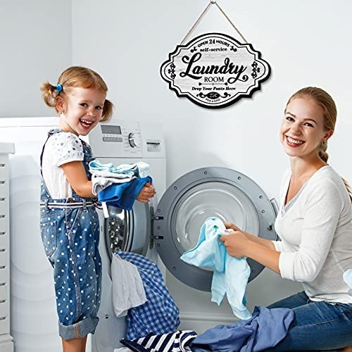 Jetec Vintage Wood Laundry Room Decor Hanging Wall Sign 12 x 8 inches, White