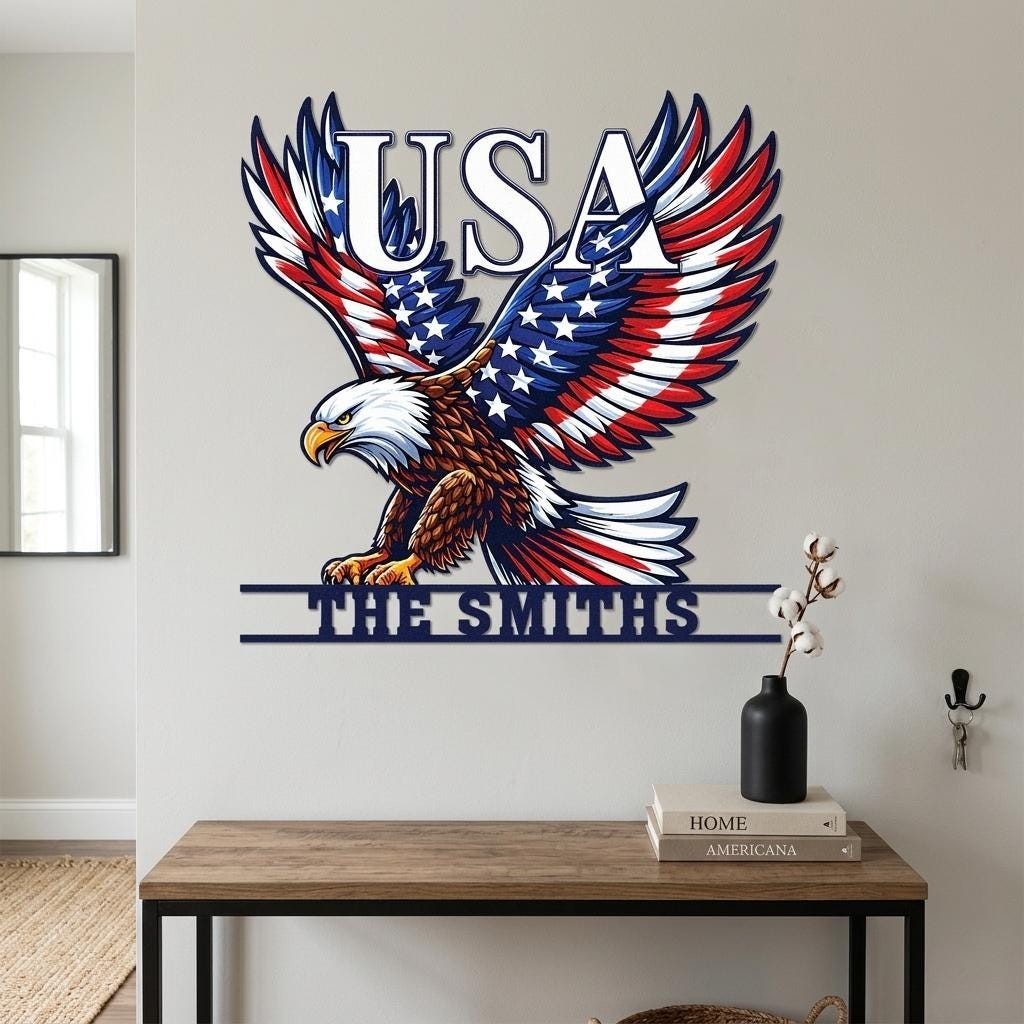 Custom USA Eagle Metal Sign, Patriotic Family Name Wall Art, American Flag Eagle