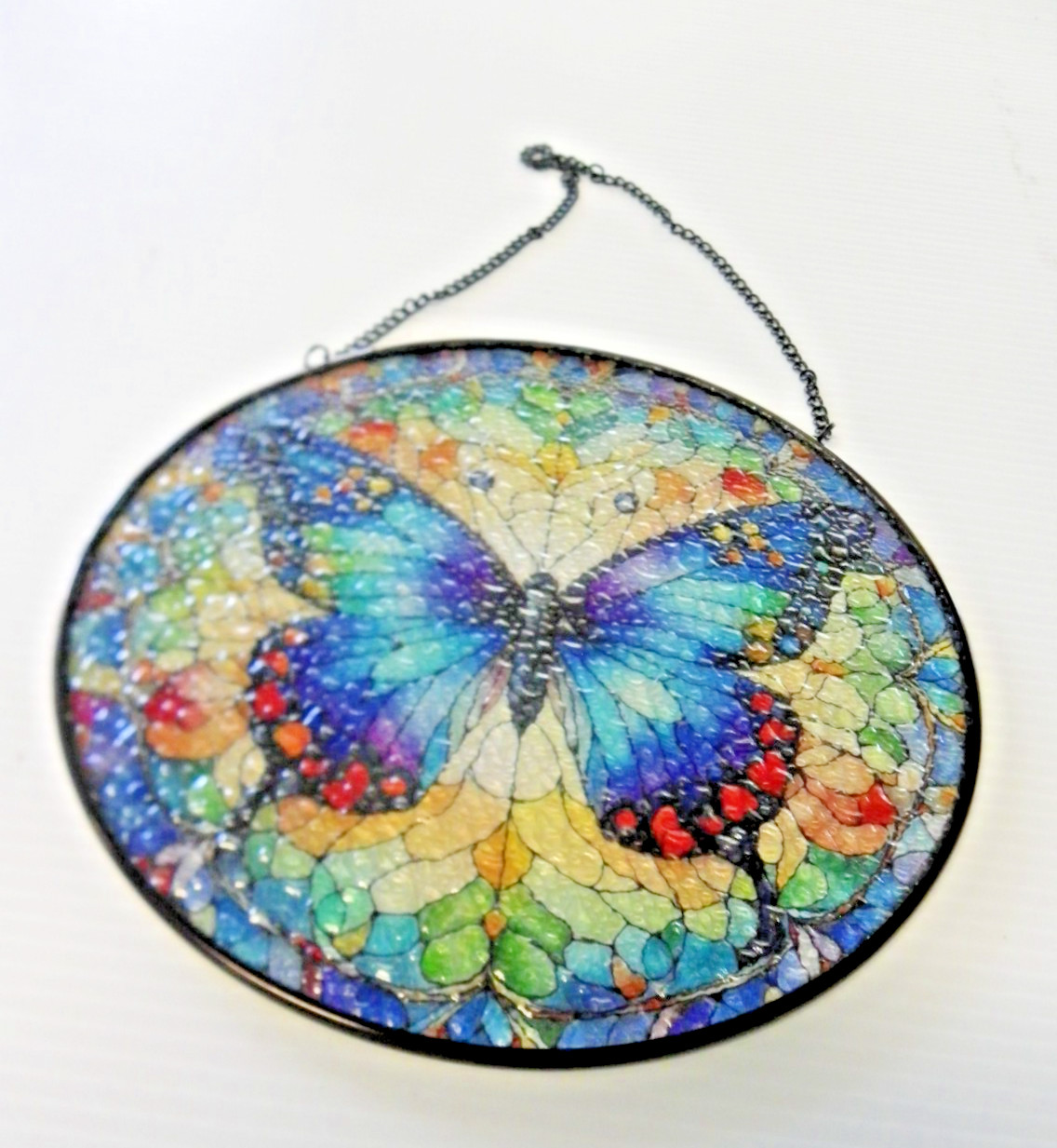 Blue Butterfly Suncatcher Multicolor Geometric Window Art Stained Glass Style 8″
