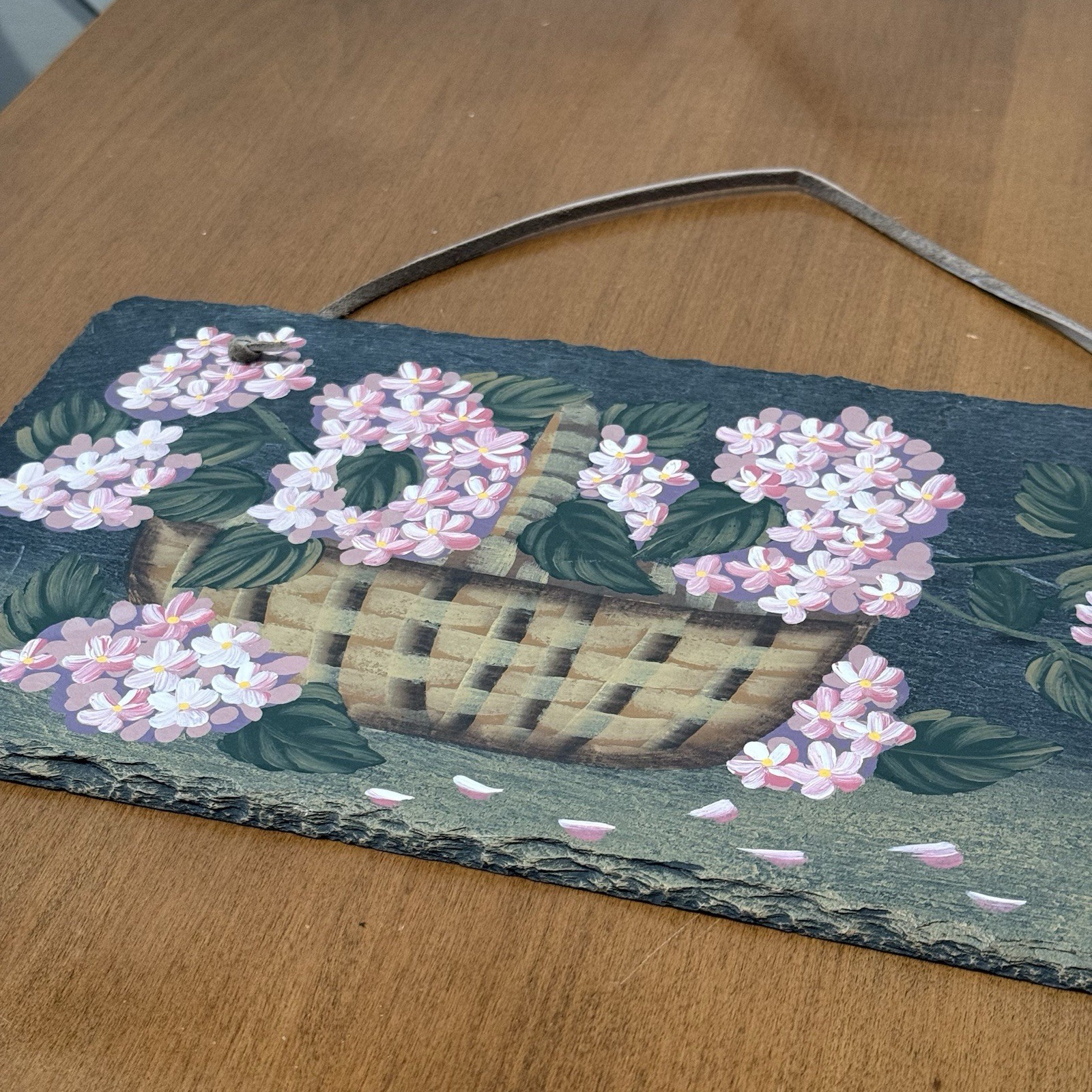 Natural Slate Handpainted Pink White Flower Basket Plaque Folk Art Farmhouse