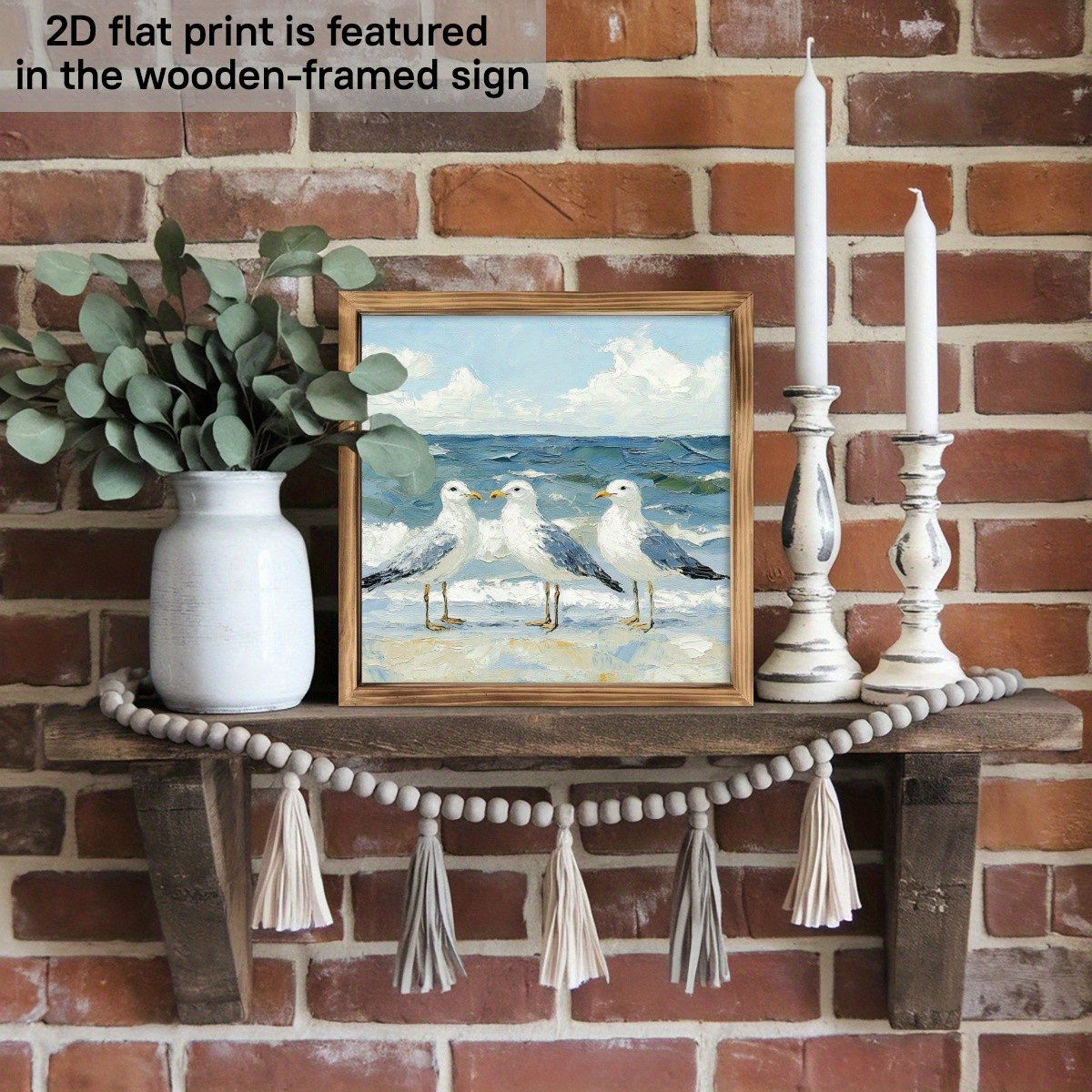 Seagulls Coastal Wooden Print Wall Art Framed Beach Theme Decor for Home & Patio