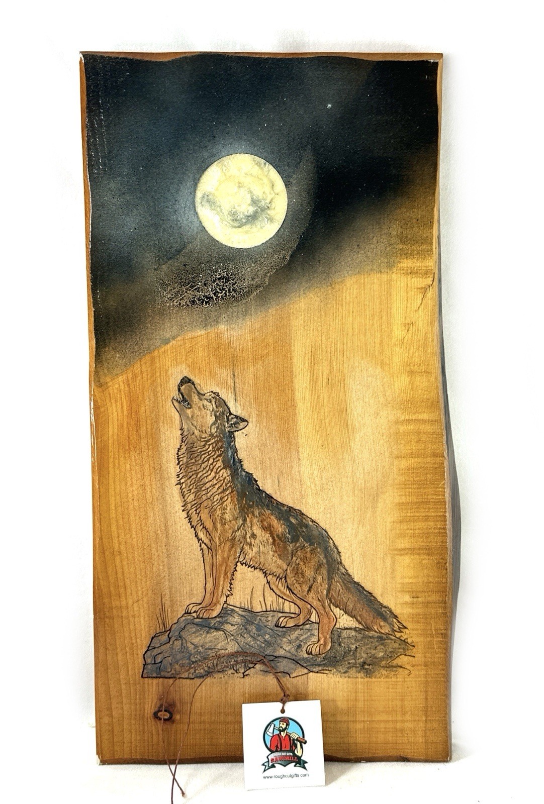 Handmade Live Edge Wood Wall Art Engraved Howling Wolf Moon Rustic Cabin Decor