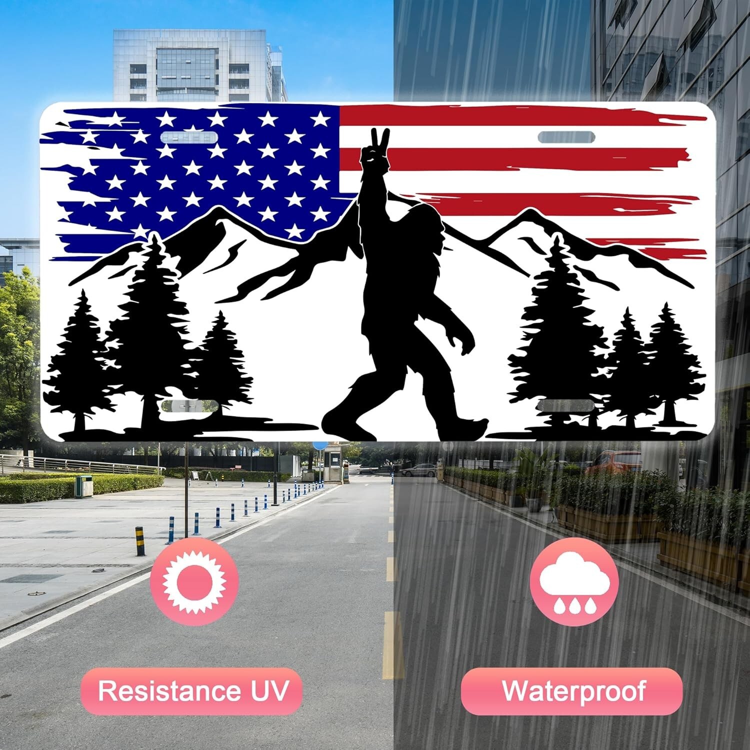 Sasquatch American Flag License Plate – Patriotic Bigfoot Car Tag