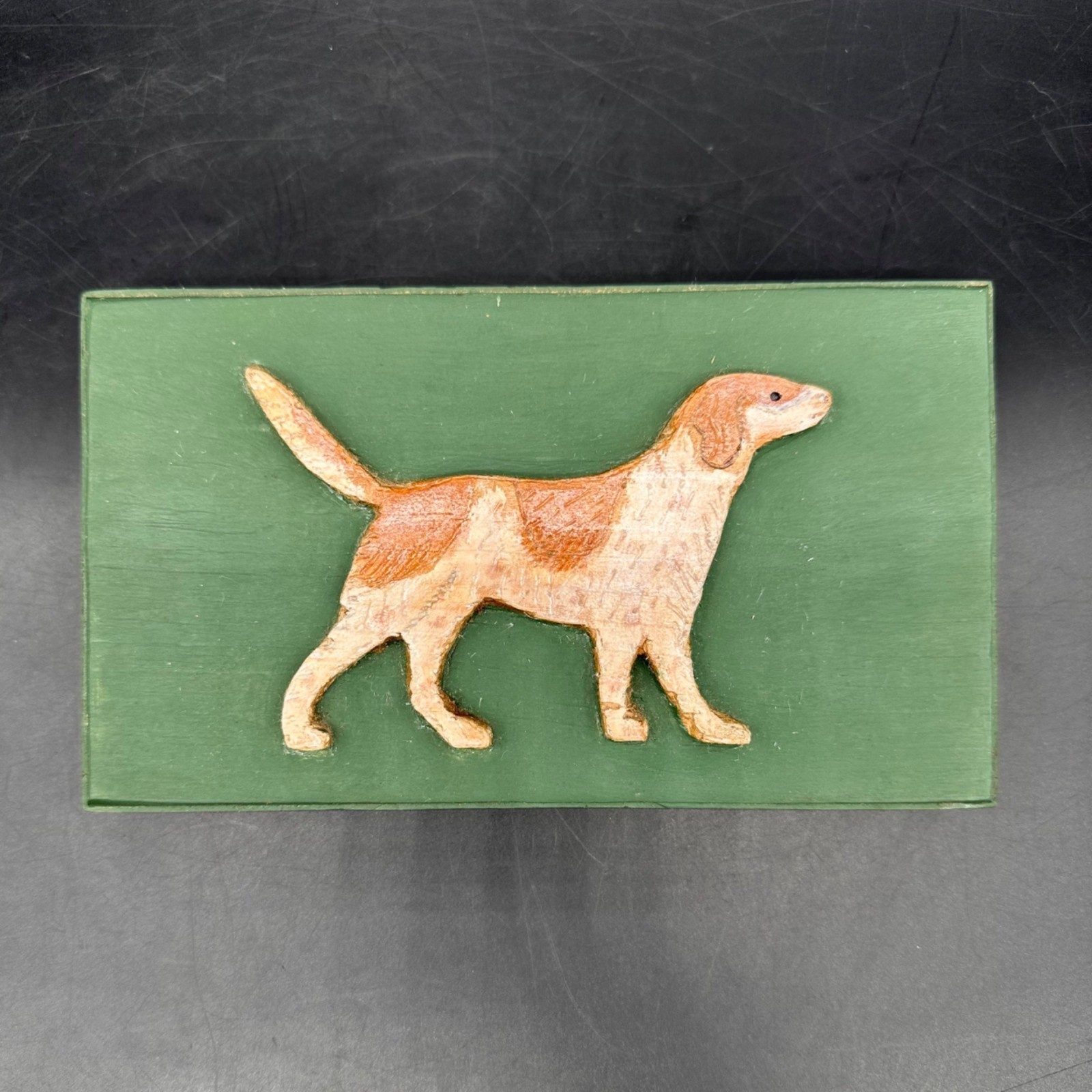 Vintage Folk Art Wall Hanging Plaque Wooden Spaniel Pointer Dog Rustic Green