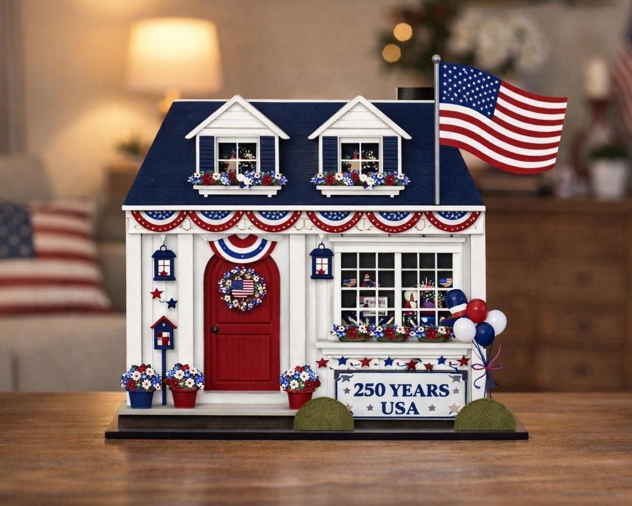 America 250 Wooden House Decor Patriotic 1776–2026 Display Red White Blue Sign