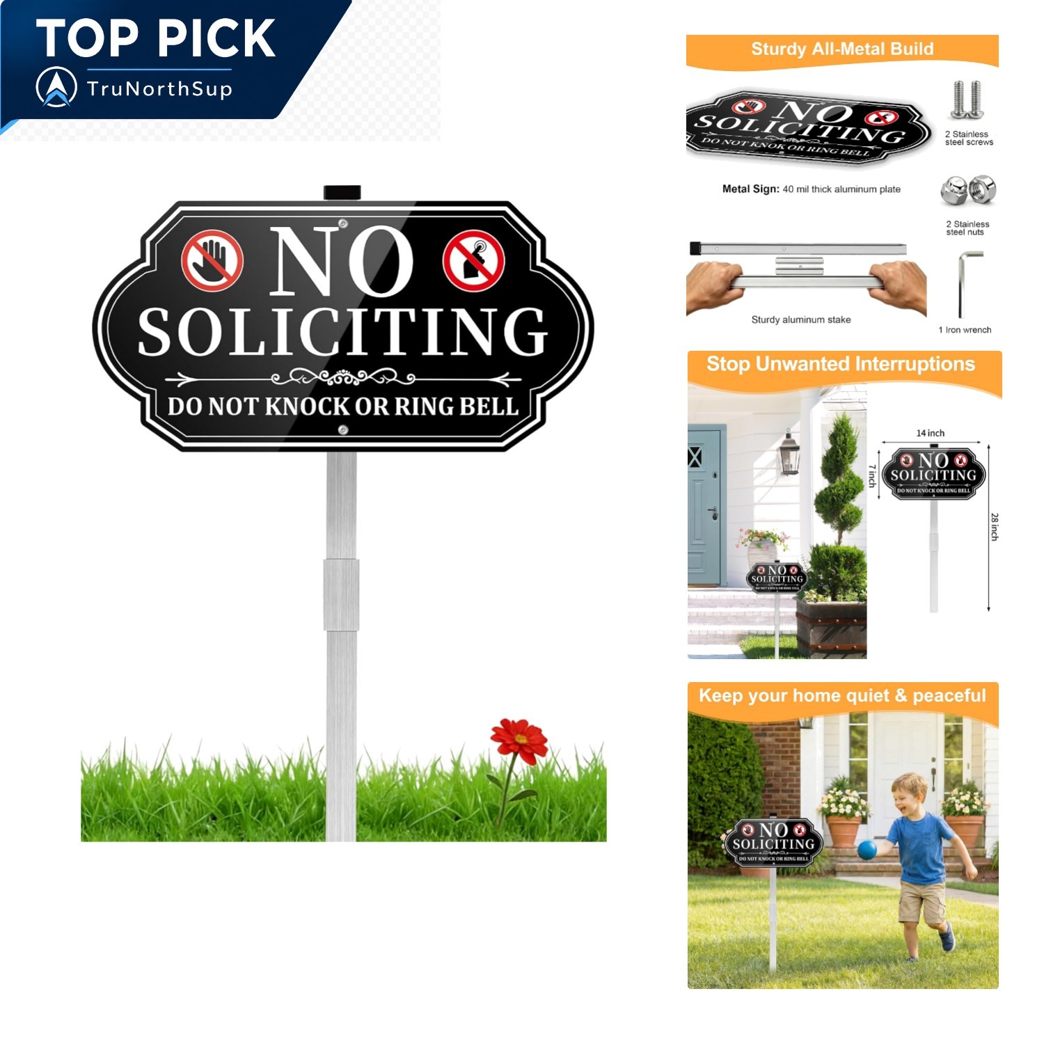 No Soliciting Sign Aluminum Metal Yard Sign 14×7 Inches with Stake Front Door…